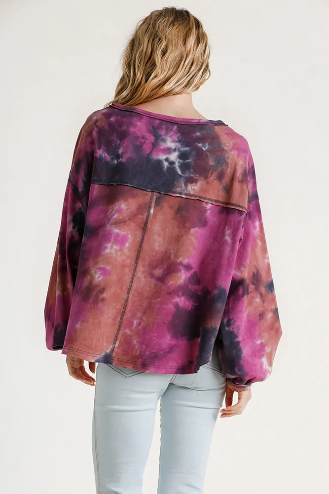 Full Size Tie Dye Round Neck Long Balloon Sleeve Top Plus Size, image 2