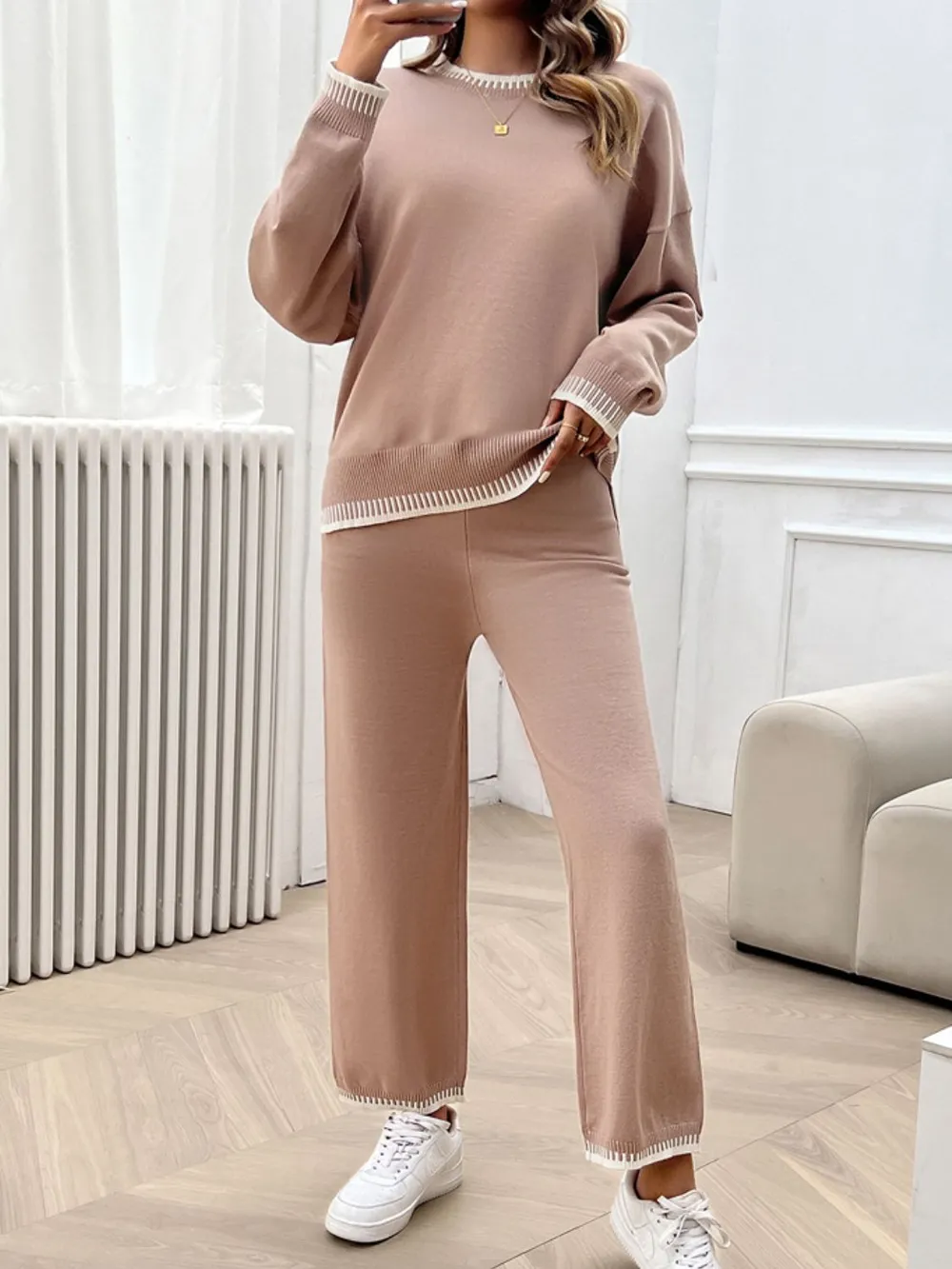 Round Neck Dropped Shoulder Top and Pants Sweater Set, image 4