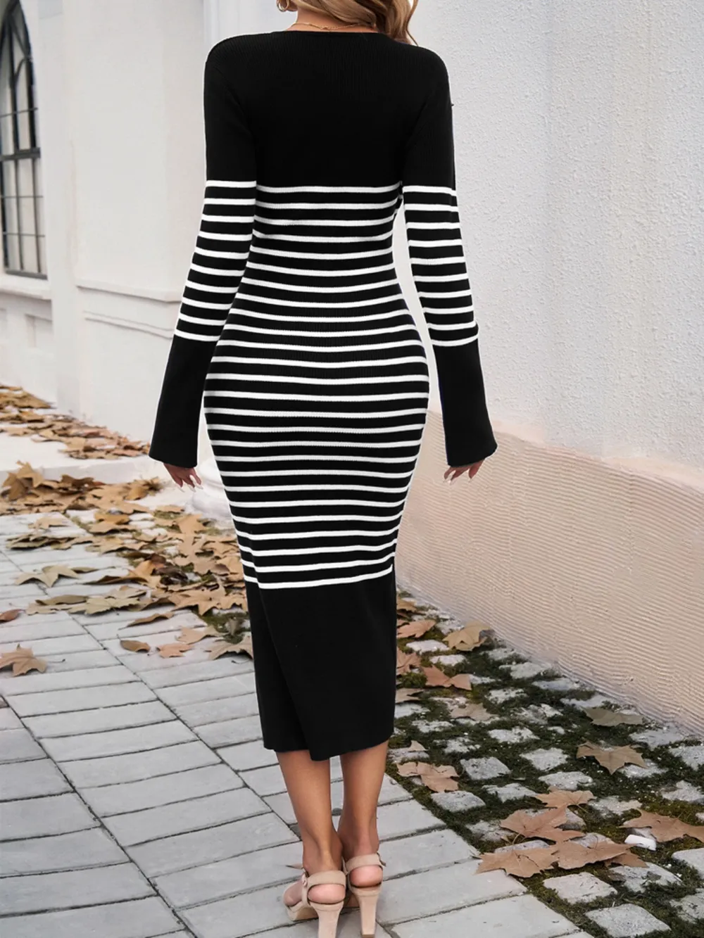 Striped V-Neck Long Sleeve Sweater Dress, image 26