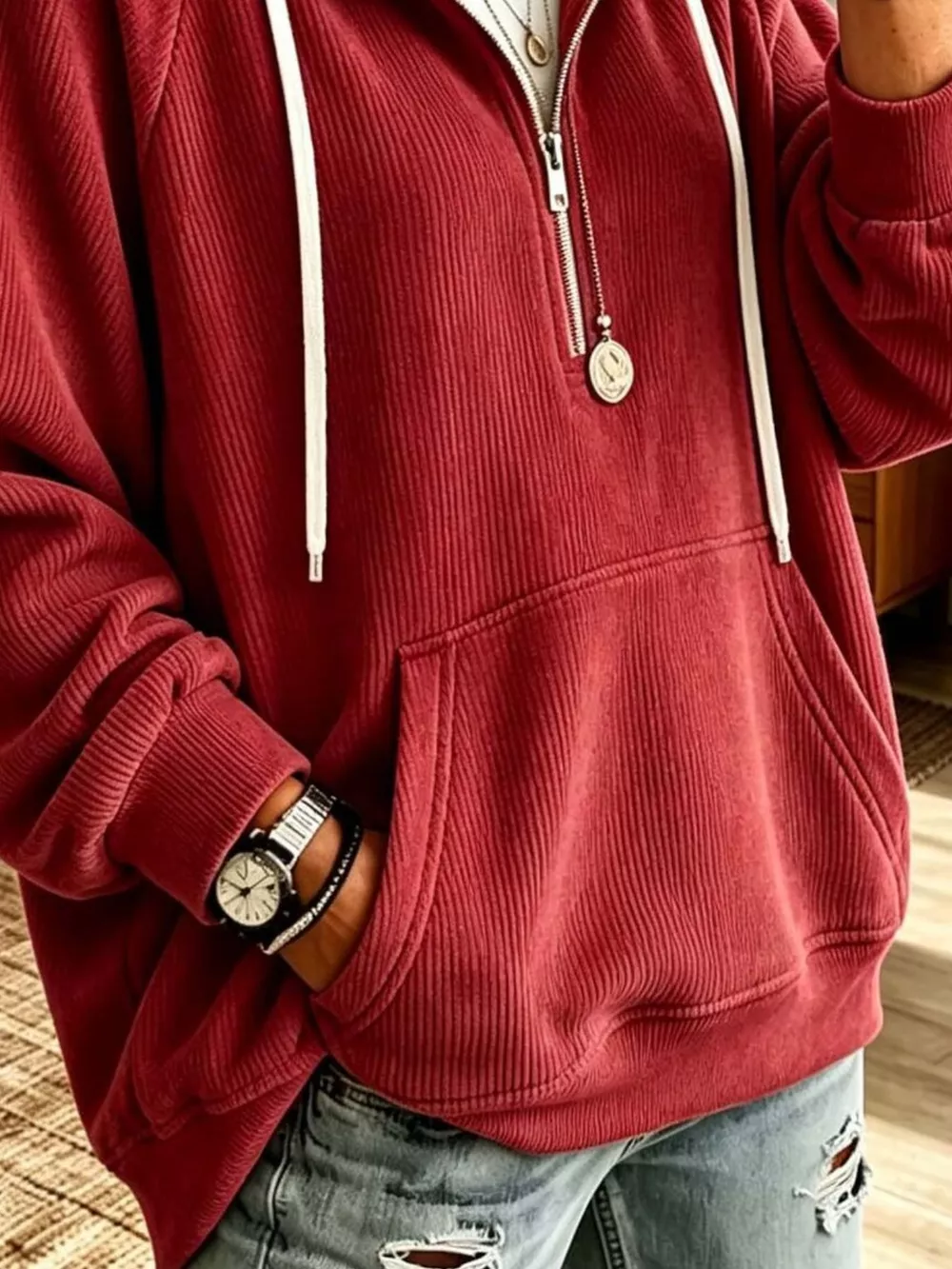 Ribbed Knit Quarter-Zip Hoodie with Kangaroo Pocket, image 6
