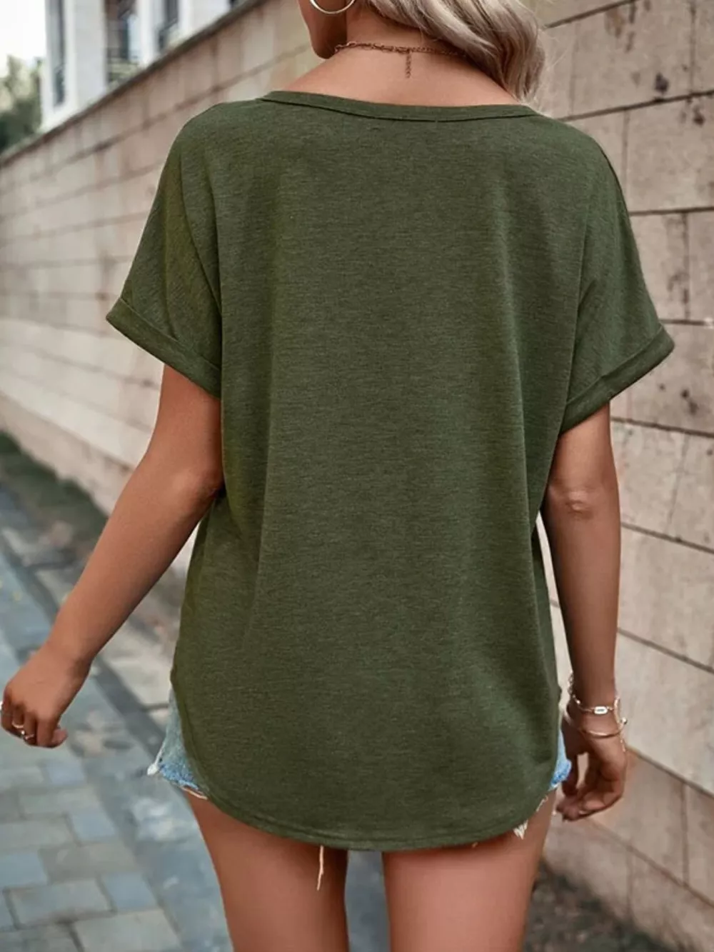 Full Size Decor Button Short Sleeve T-Shirt Plus Size, image 4