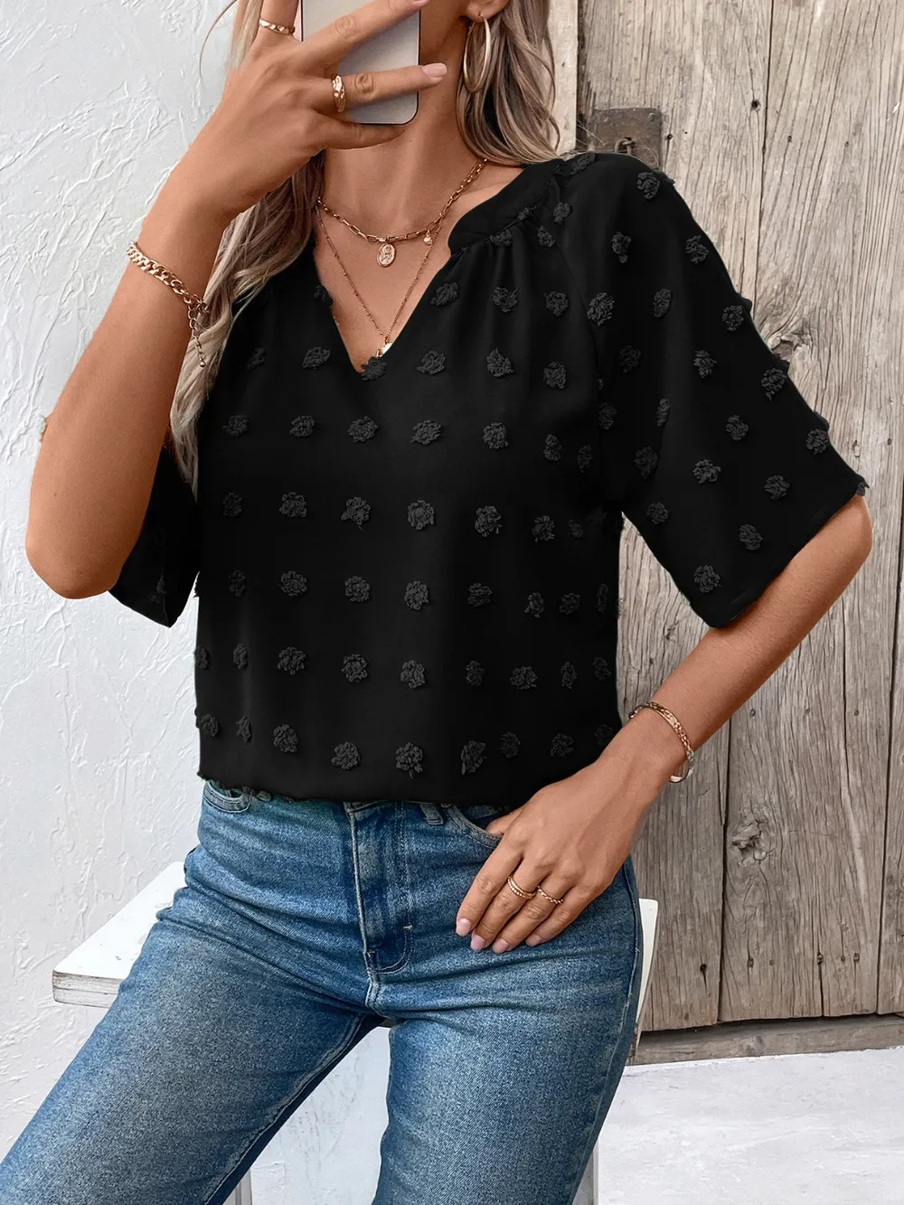 Swiss Dot Notched Half Sleeve Blouse, image 11