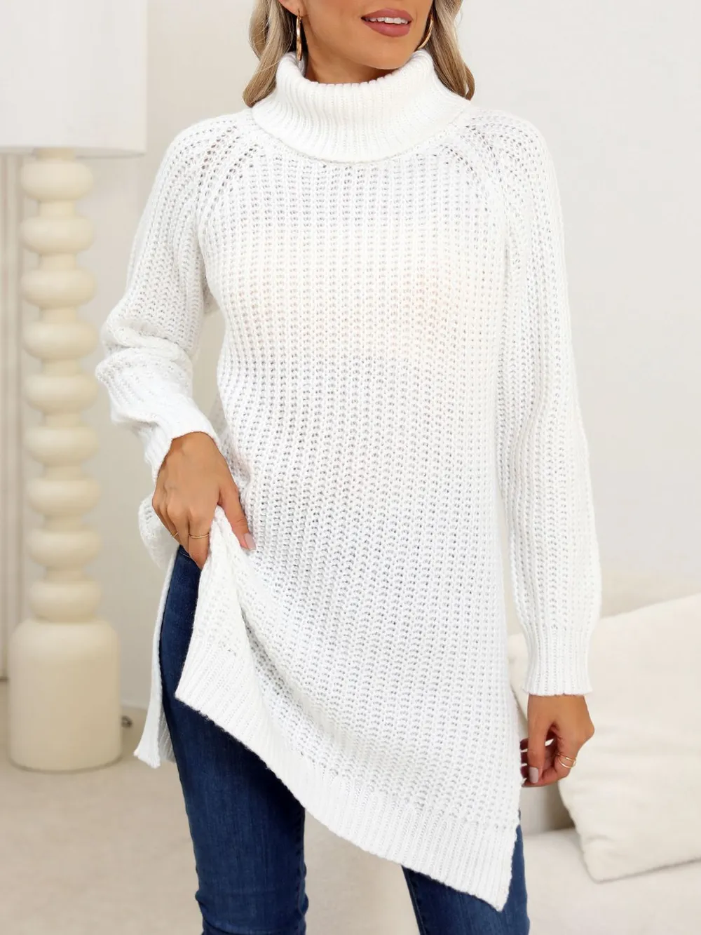 Slit Turtleneck Long Sleeve Sweater, image 2