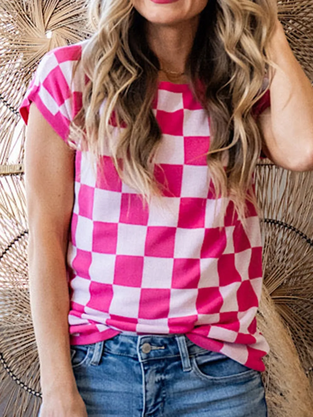 Checkered Cap Sleeve Casual Sweater Top, image 3