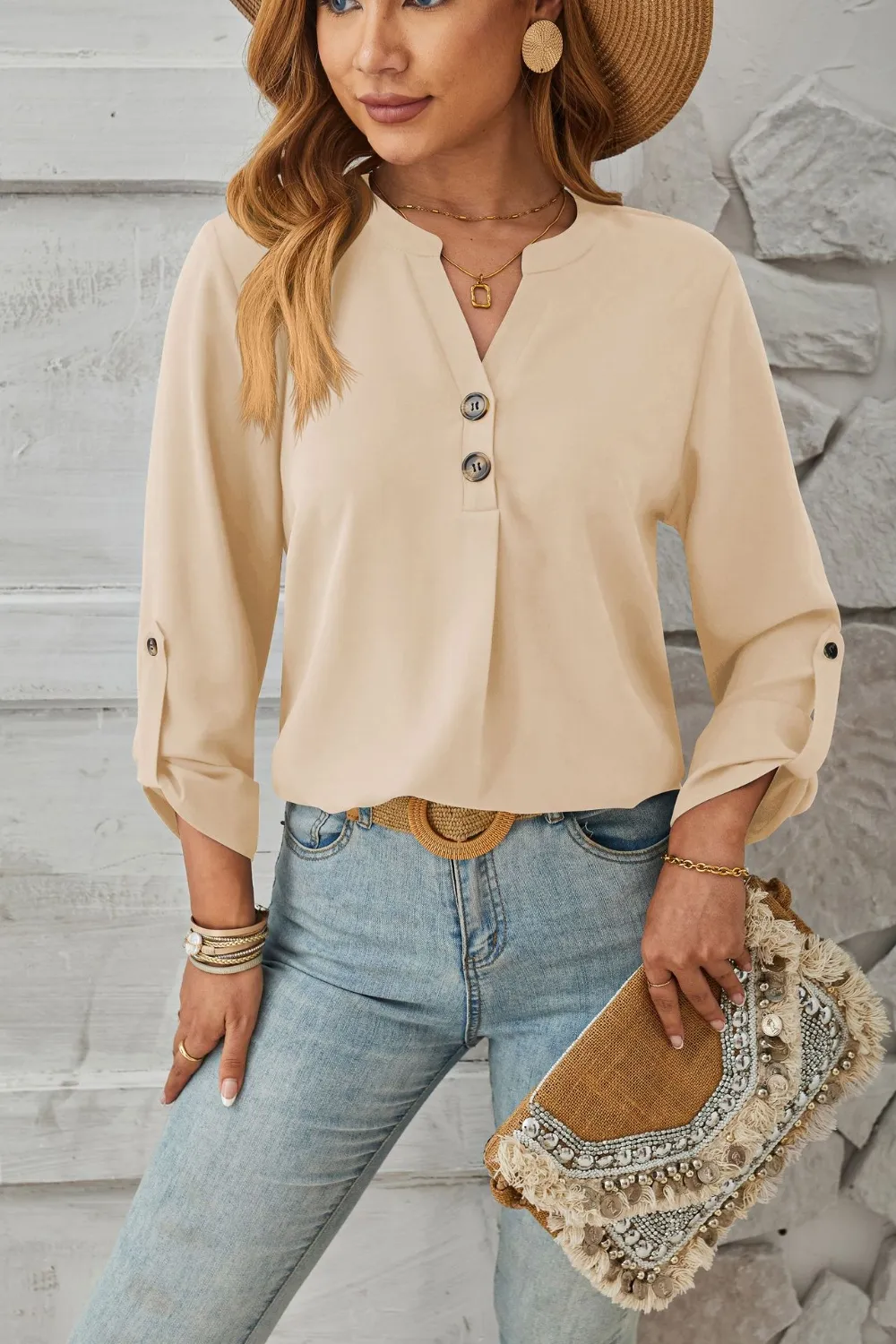 Decorative Button Notched Long Sleeve Blouse, image 7