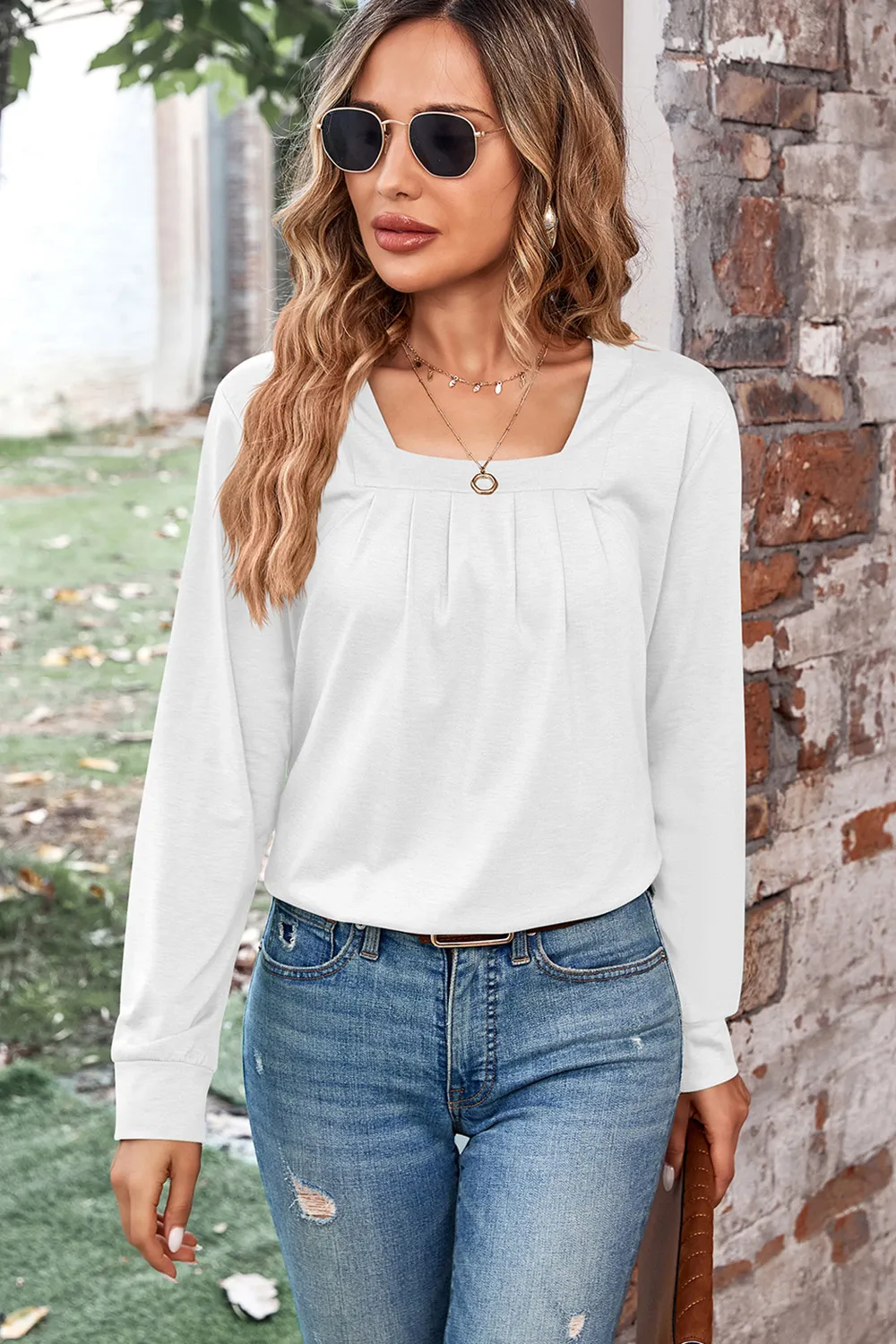 Ruched Square Neck Long Sleeve T-Shirt, image 2