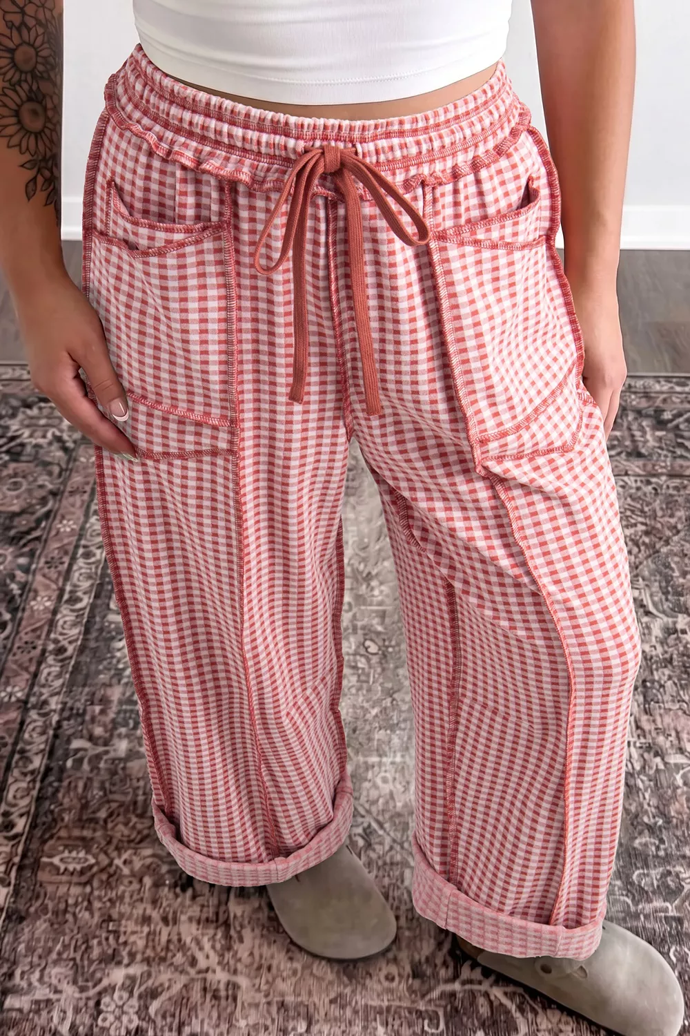 Gingham High-Waisted Drawstring Wide-Leg Pants, image 2