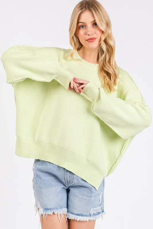 Side Slit Round Neck Drop Shoulder Sweater, image 2