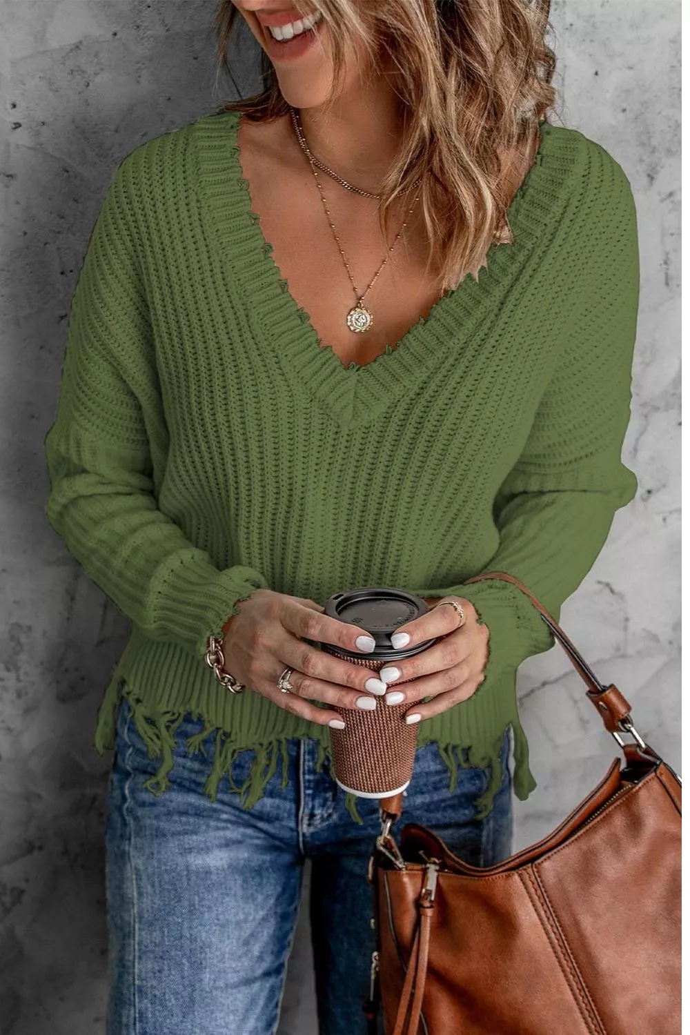 Full Size Raw Hem V-Neck Sweater Plus Size