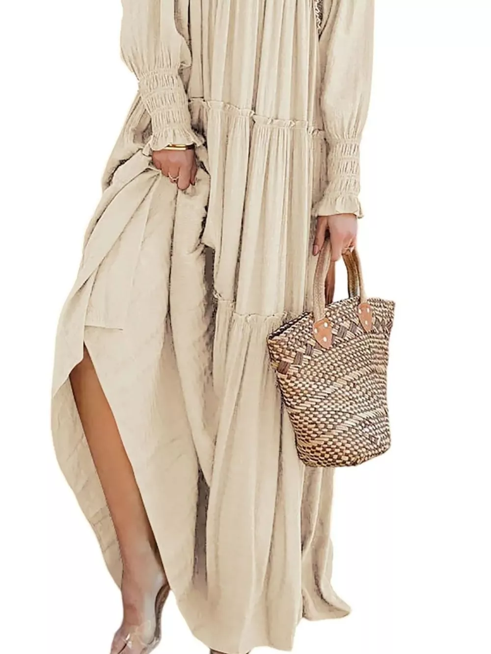 V-Neck Long Sleeve Tiered Maxi Dress, image 6