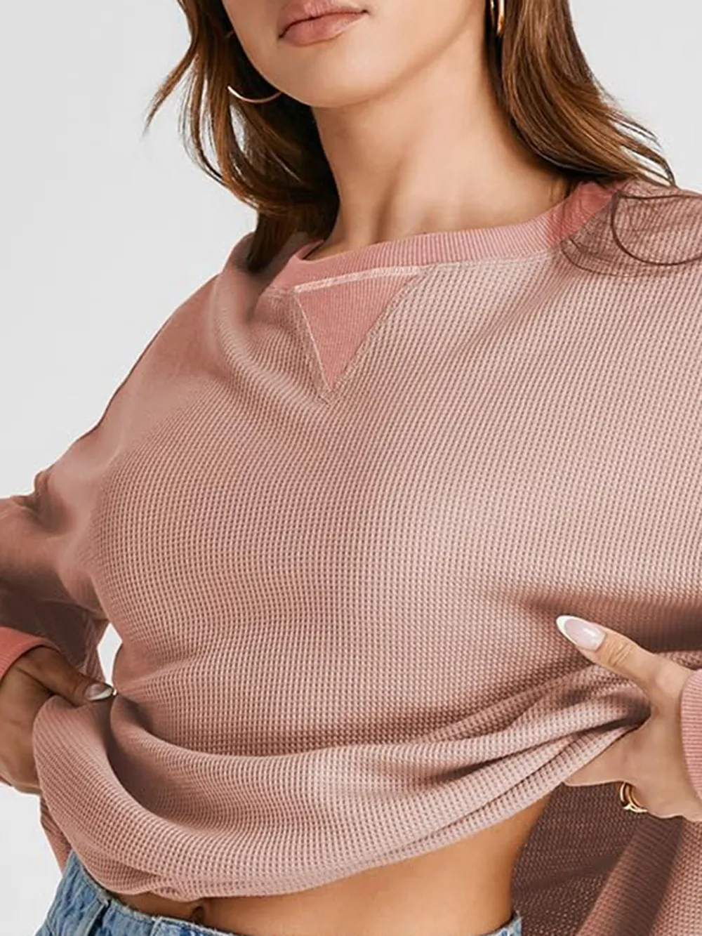 Waffle Knit Round Neck Long Sleeve T-Shirt, image 8