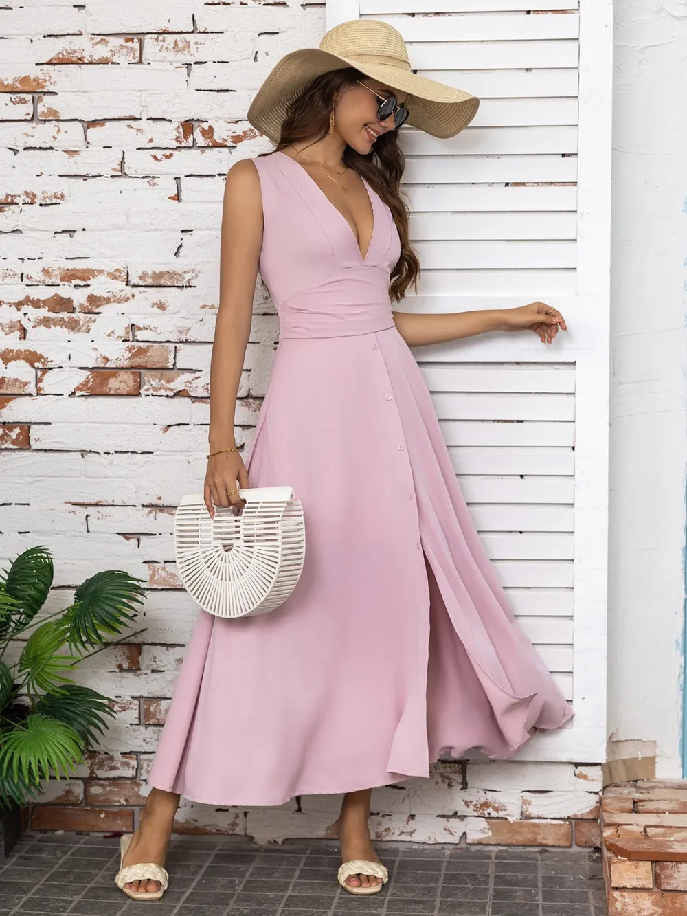 Full Size Slit V-Neck Sleeveless Midi Dress, image 9