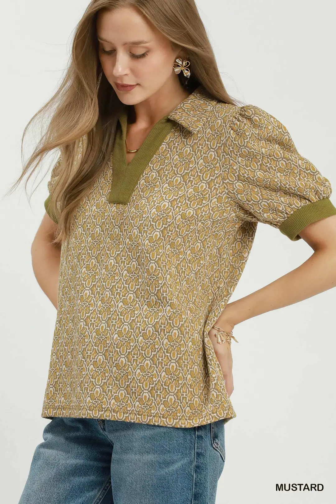 Printed Collared Puff Sleeve Top, image 2
