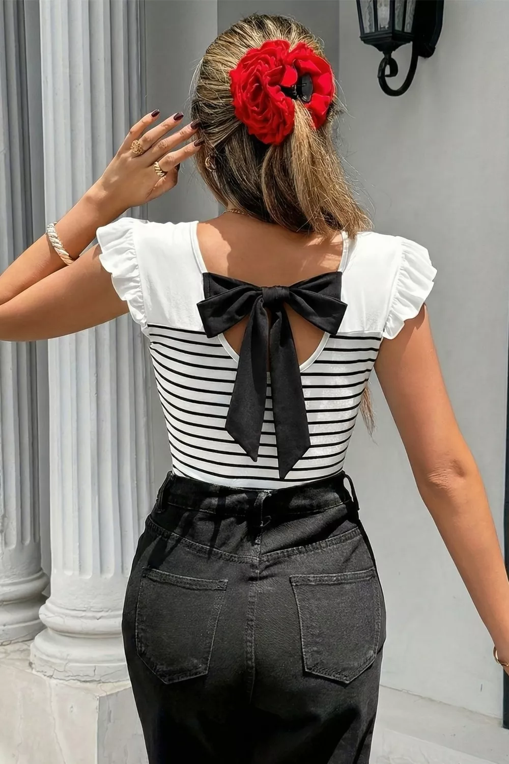 Stripe Contrast Knot Back Ruffle Trim Tank Top, image 4