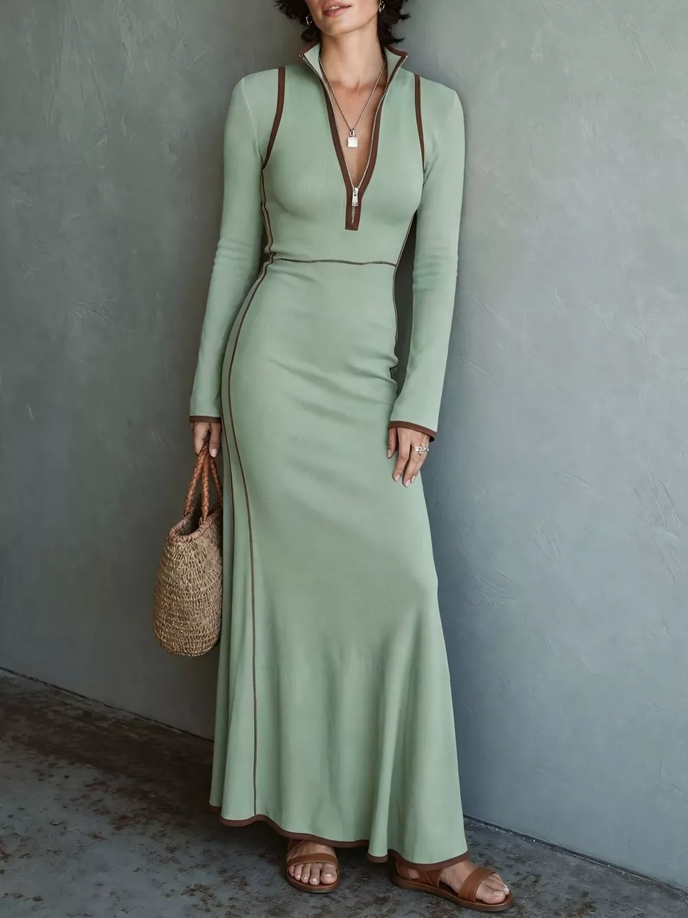 Full Size Contrast Trim Zip-Up Long Sleeve Knit Maxi Dress Plus Size, image 8