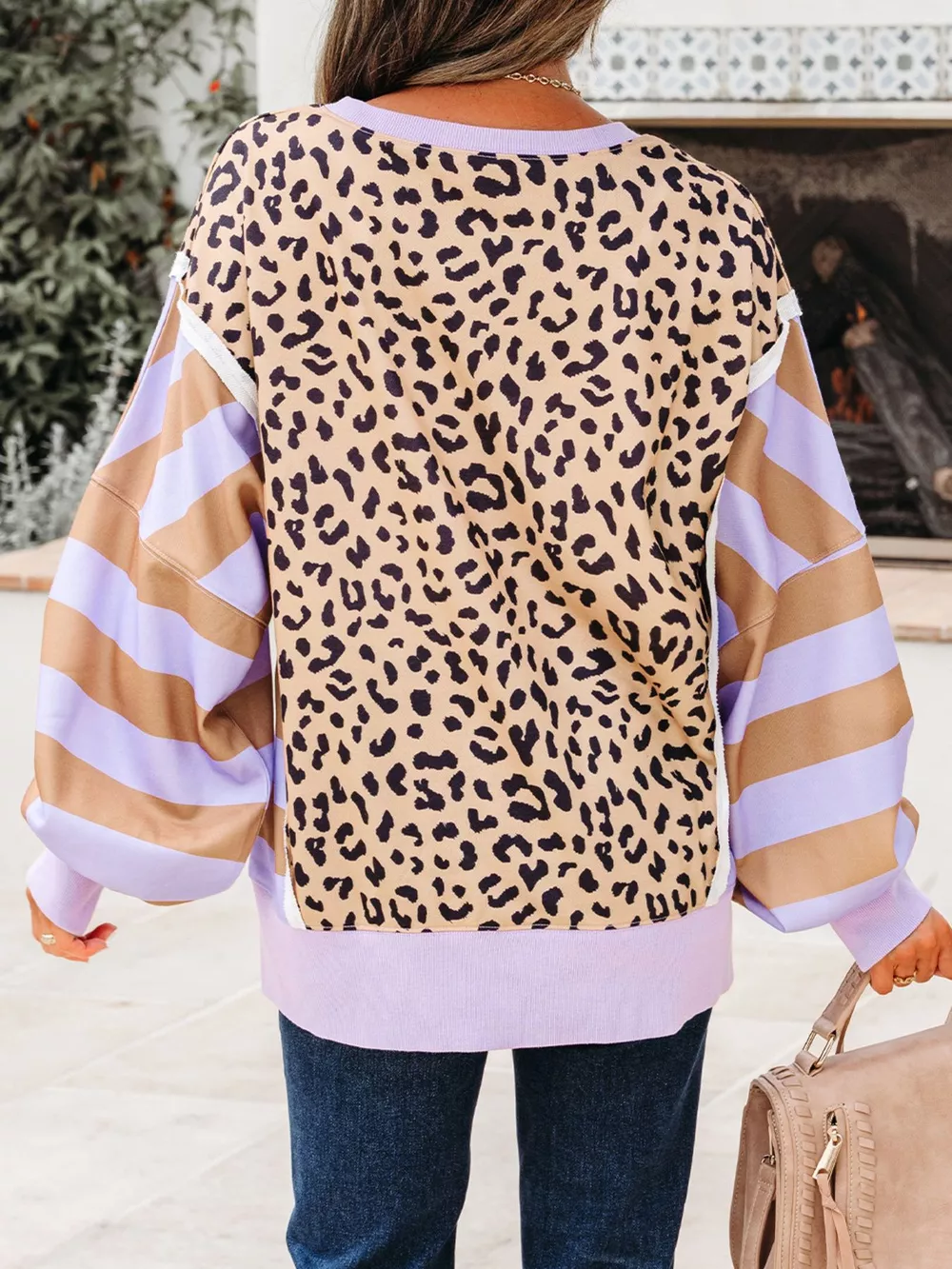 Stripe Color Block Patchwork Leopard Casual Sweatshirt with Slits, image 3