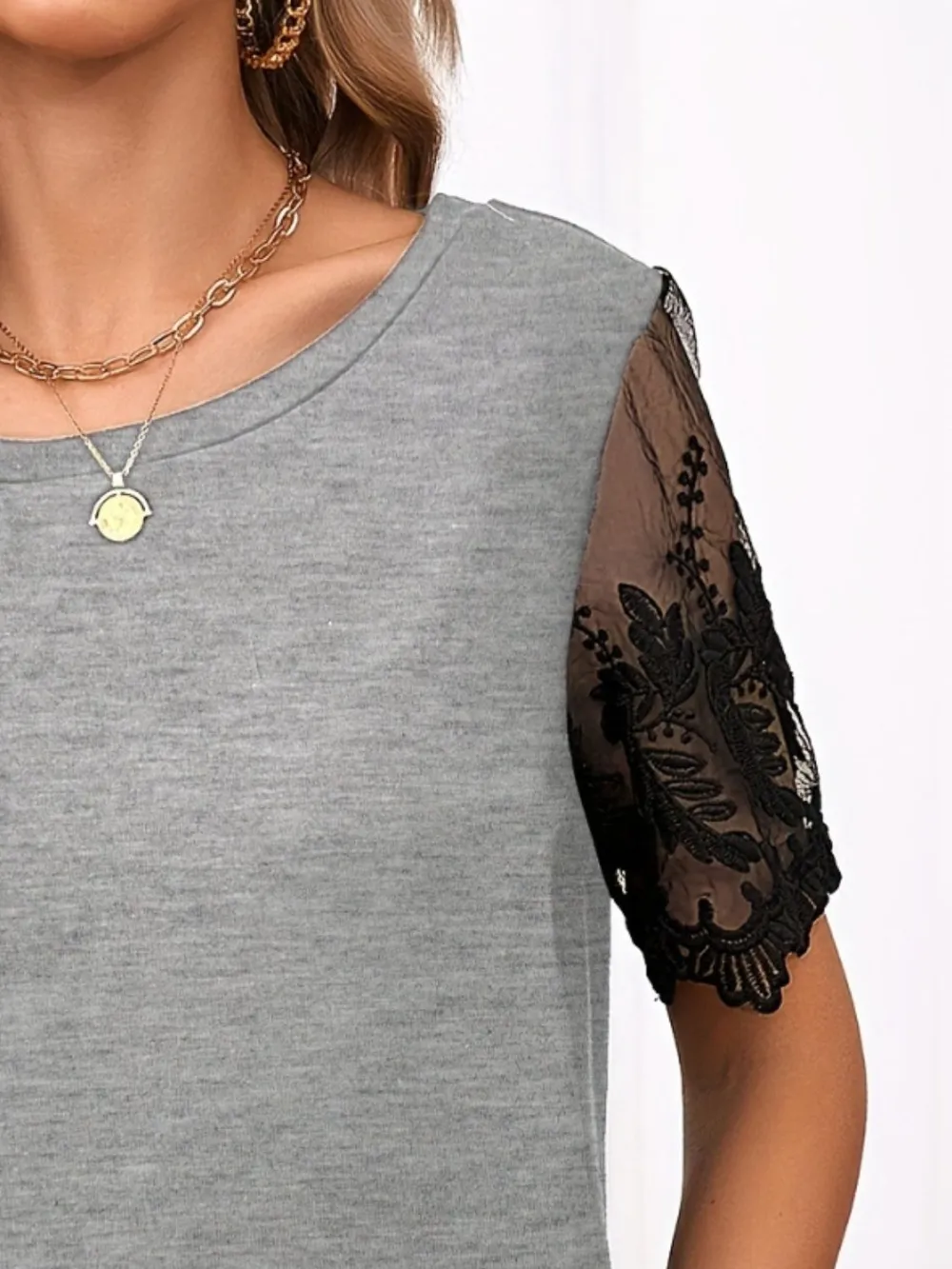Lace Detail Round Neck Short Sleeve T-Shirt, image 8
