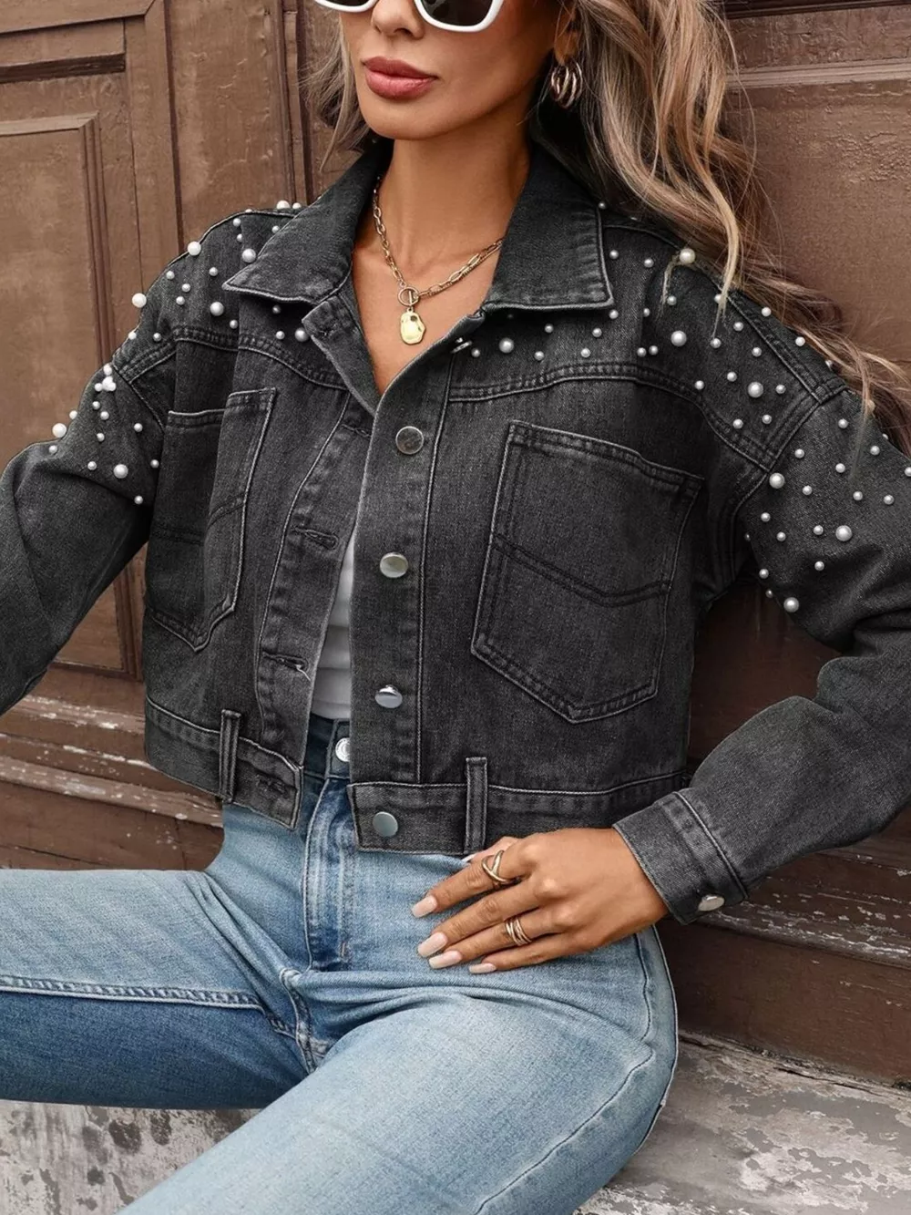 Pearl Embellished Cropped Denim Jacket