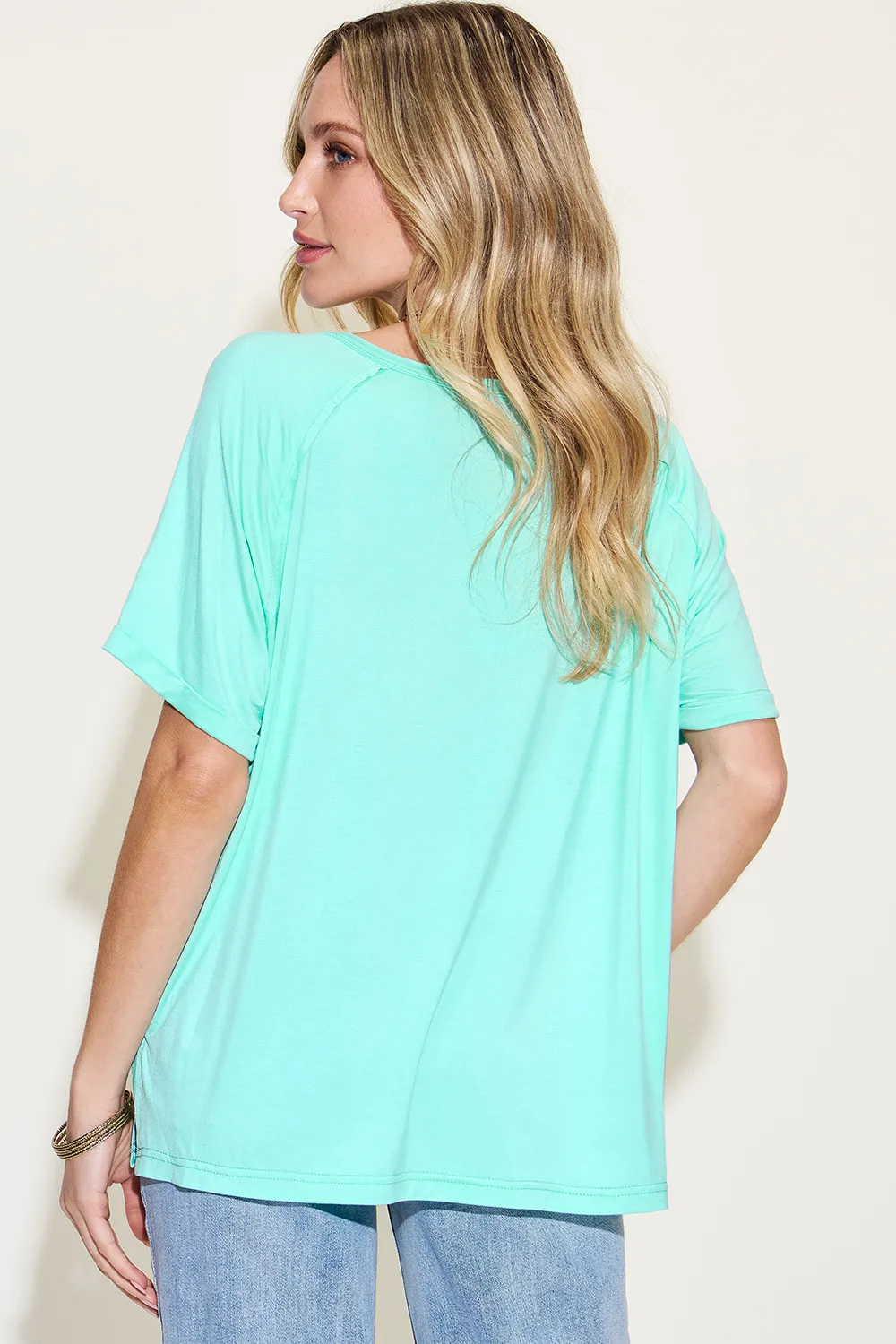 Full Size Bamboo Slit V-Neck Short Sleeve T-Shirt, image 8