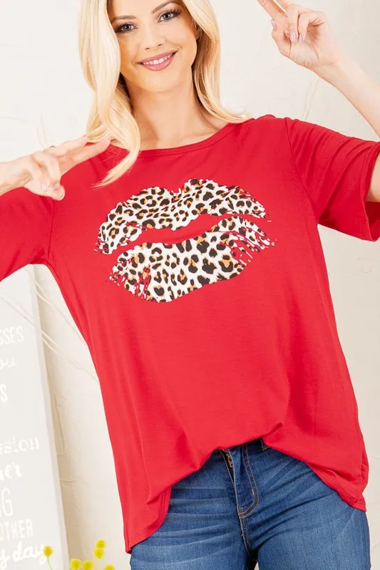 Full Size Leopard Lip Round Neck Short Sleeve T-Shirt Plus Size, image 6