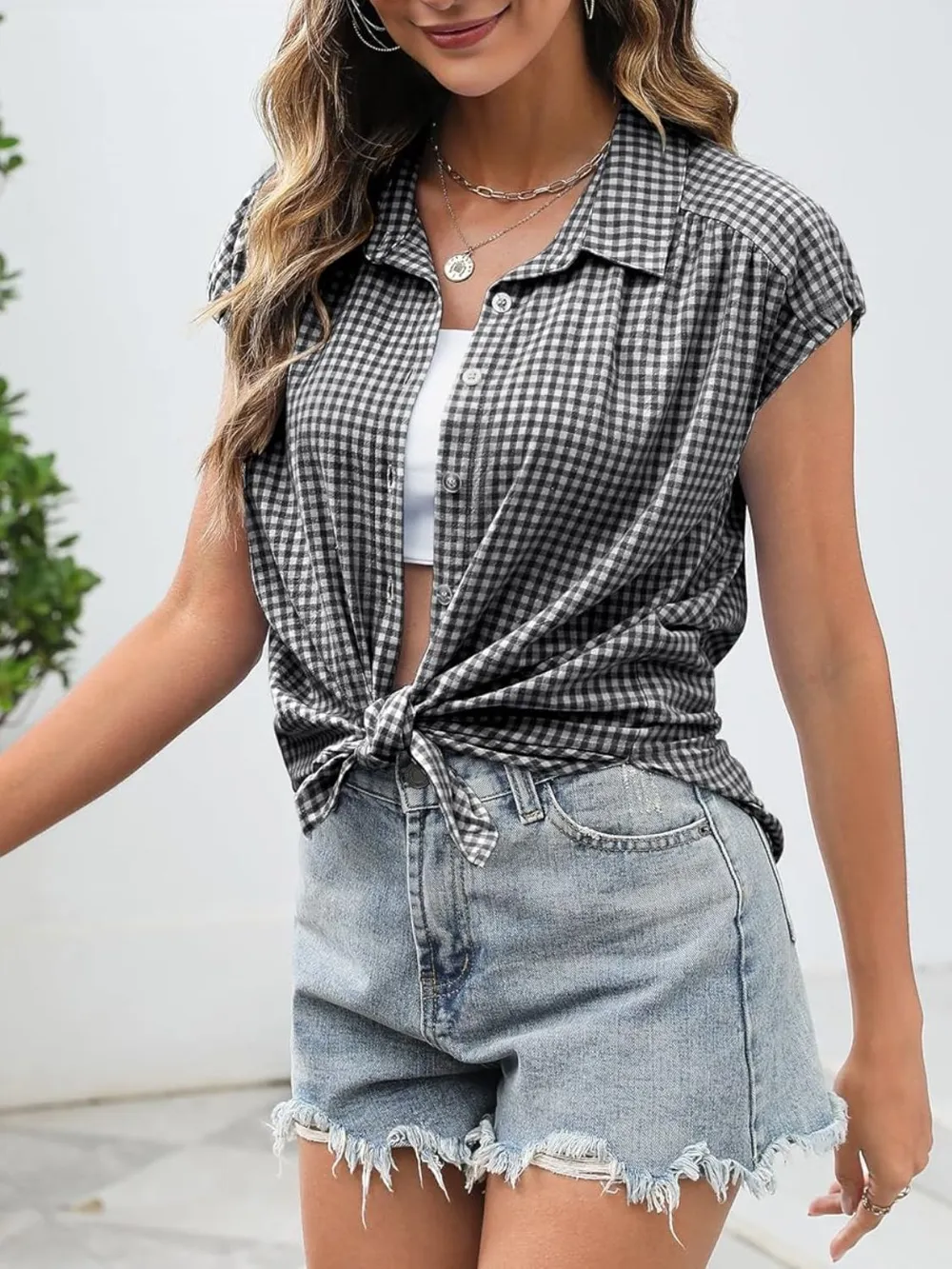 Plaid Button Up Cap Sleeve Shirt, image 14