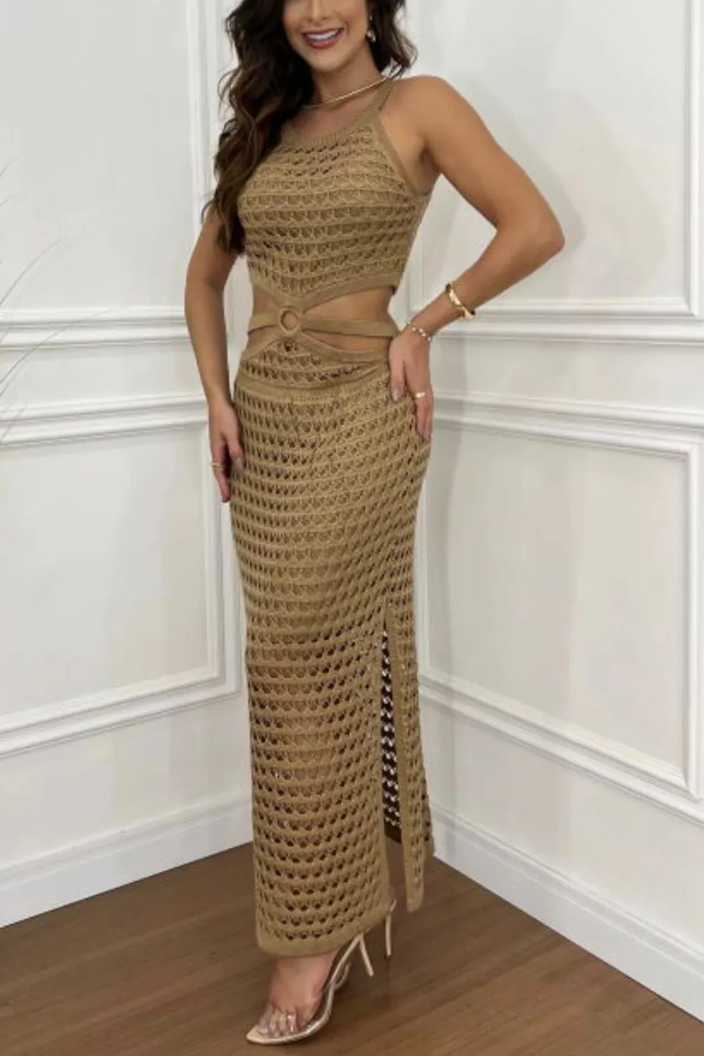 Cutout Slit Round Neck Sweater Dress, image 5