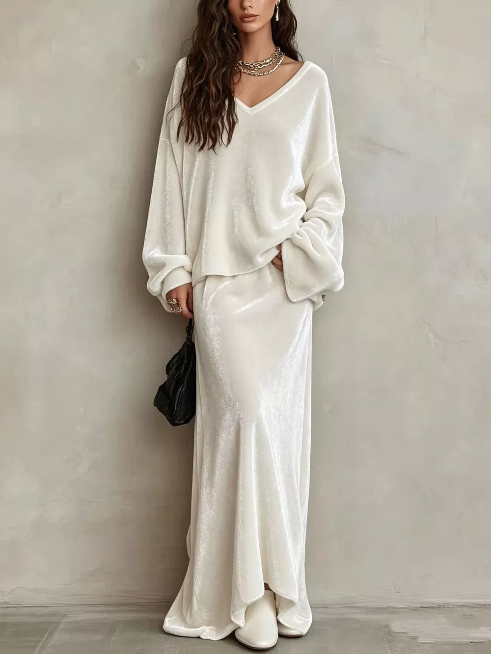 V-Neck Velvet Long Sleeve Top and Maxi Skirt Two-Piece Set, image 4
