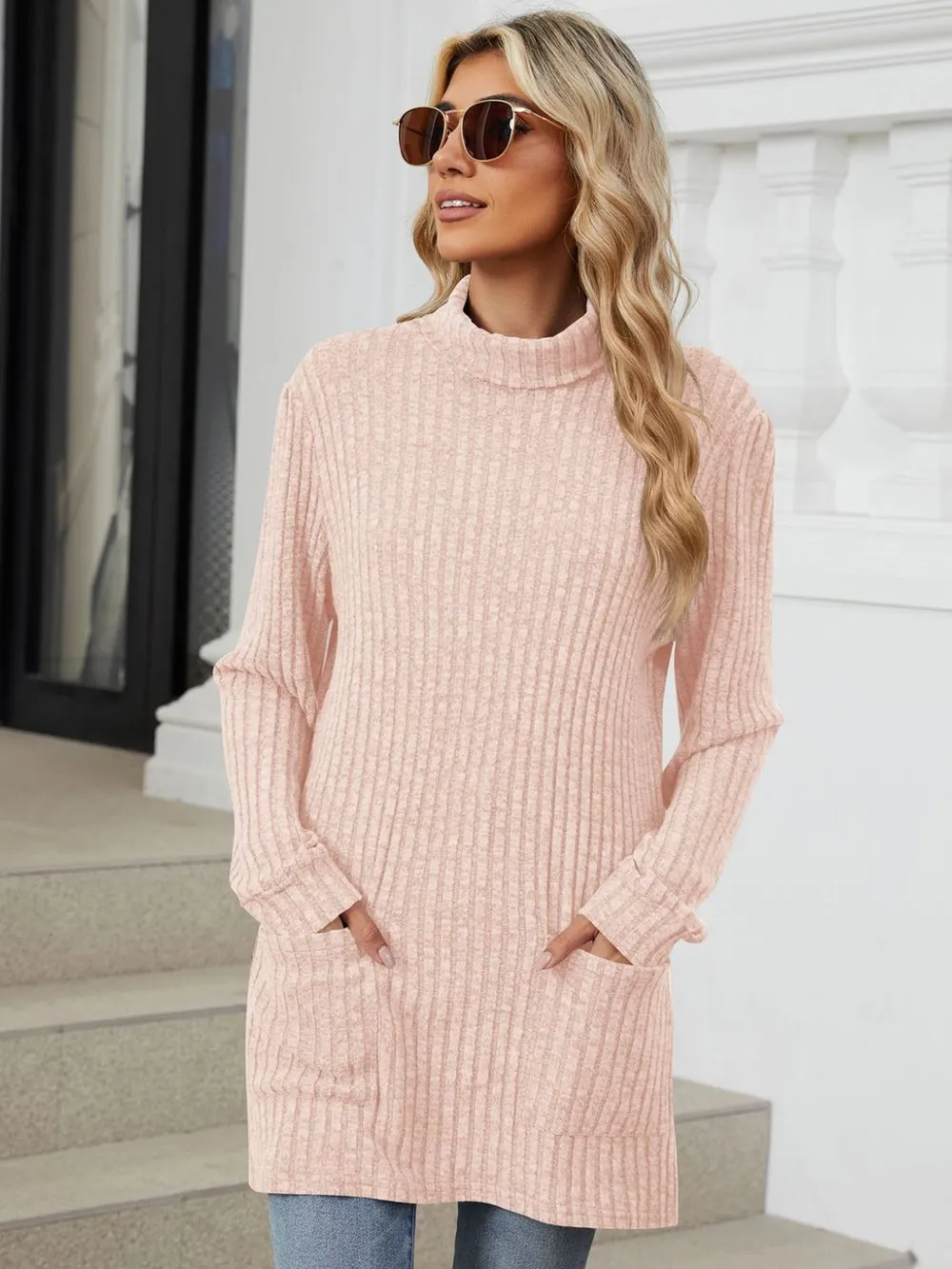 Ribbed Mock Neck Long Sleeve T-Shirt, image 25