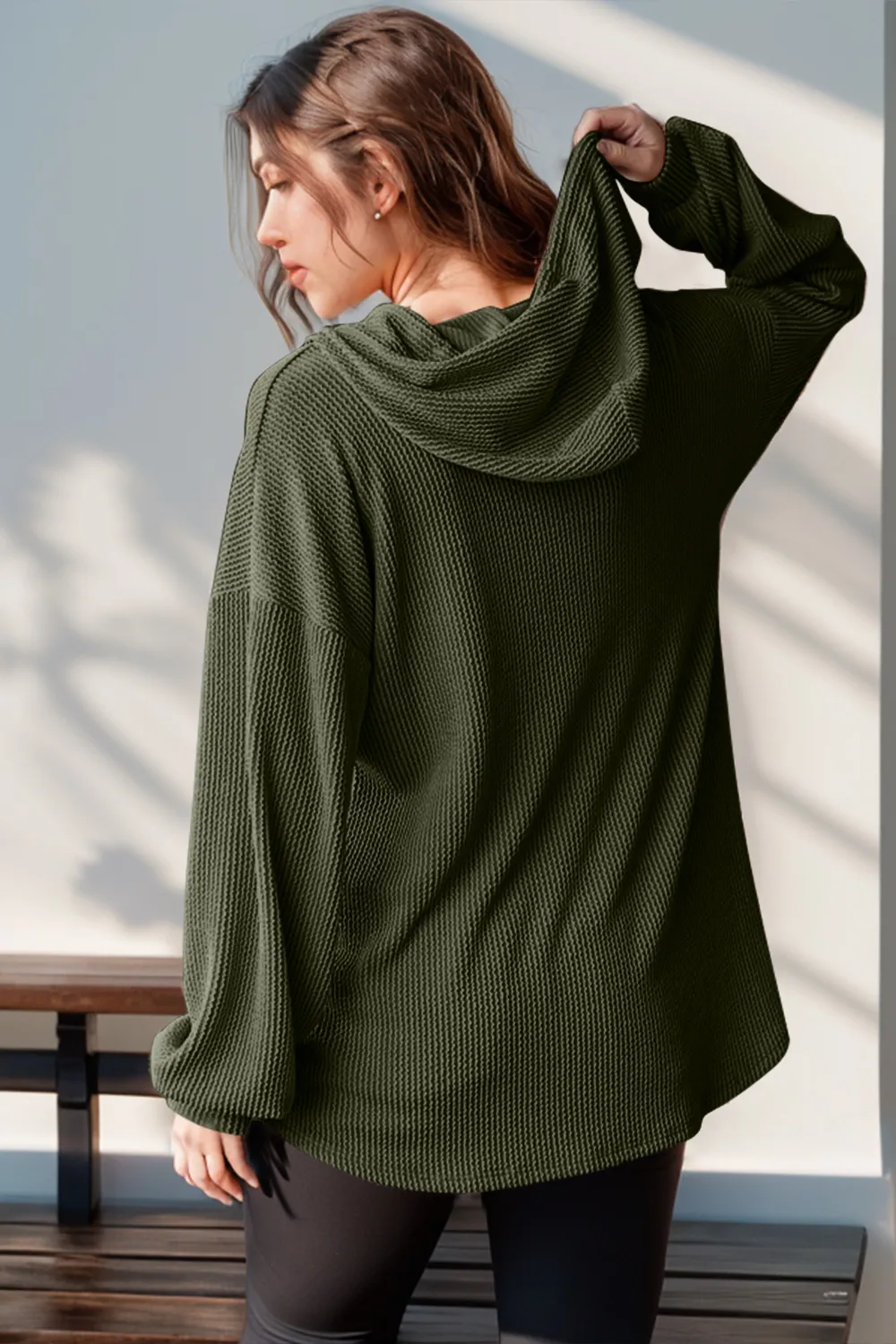 Full Size Half Button Long Sleeve Hoodie, image 5