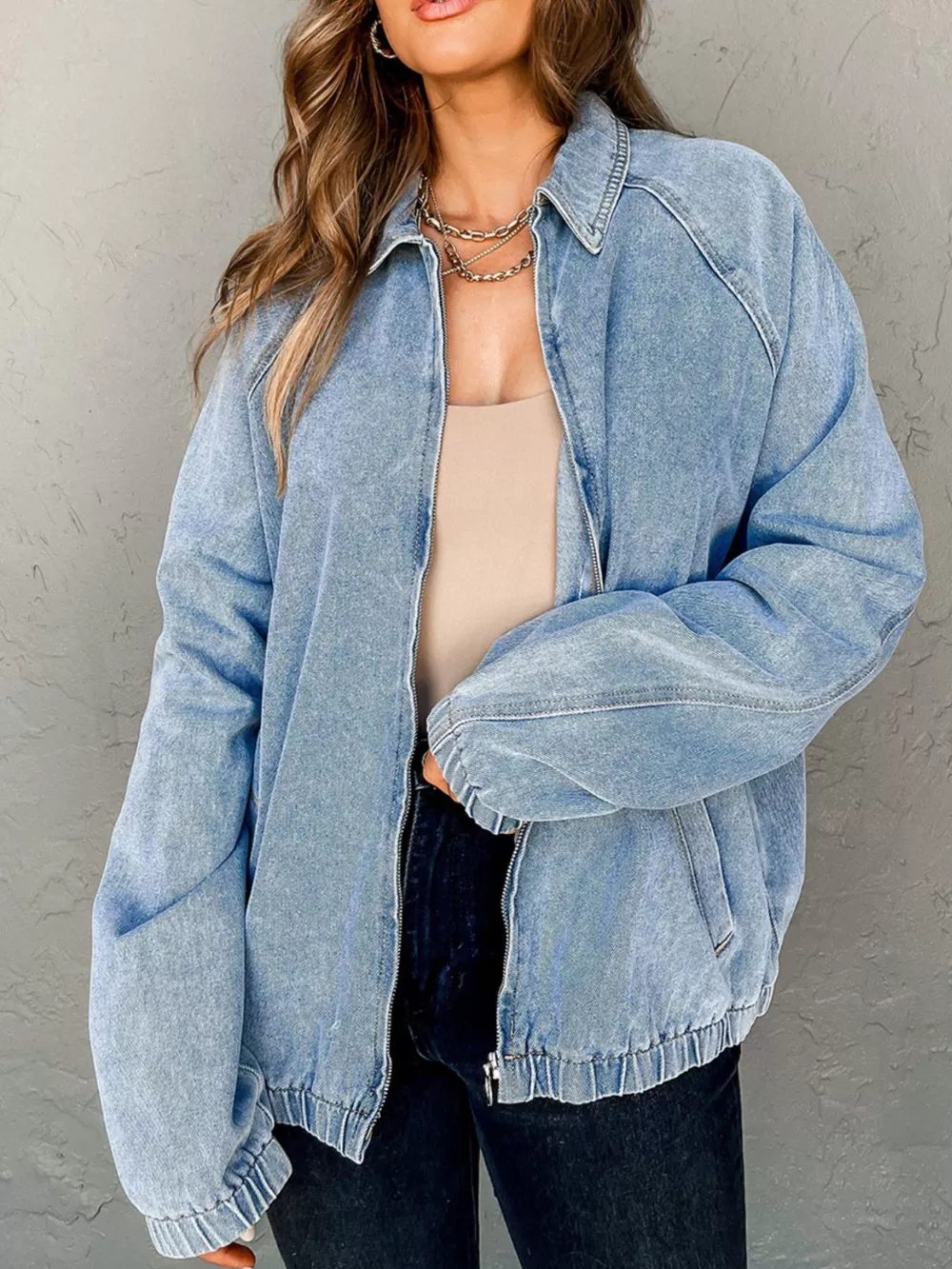 Elastic Edge Collared Zip Up Denim Jacket With Pocket, image 2