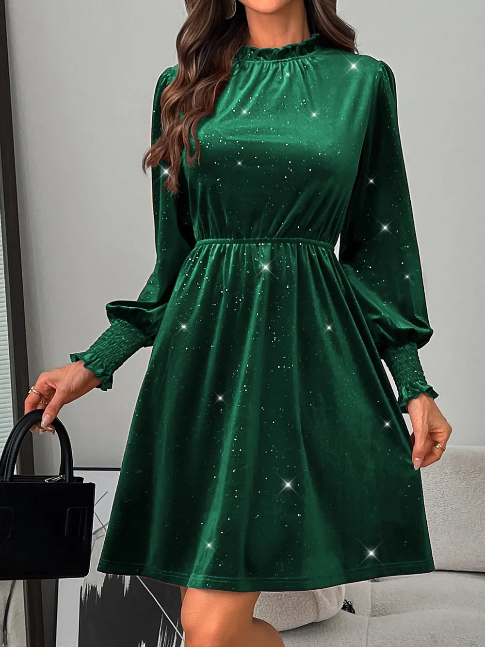 Glitter Mock Neck Long Sleeve Mini Dress, image 5