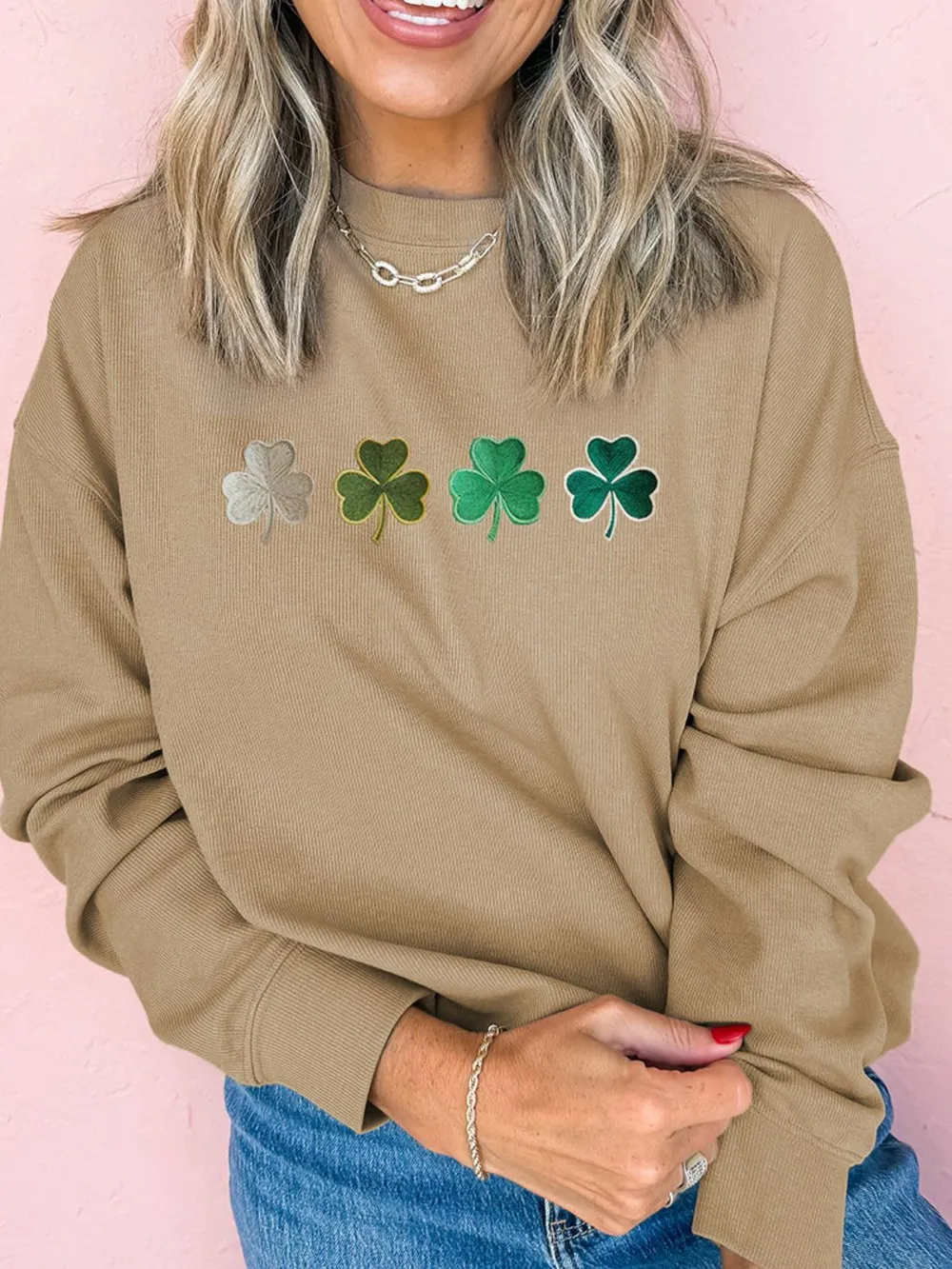 Embroidered Clover Pattern Round Neck Sweatshirt, image 4