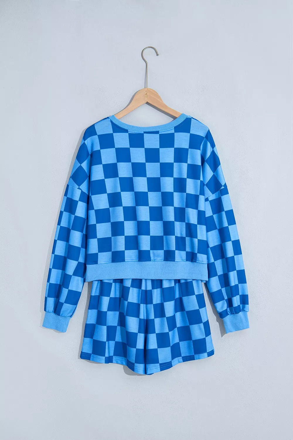 Plaid Checkered Long Sleeve Crop Top Elastic Waist Shorts Two Piece Set, image 5