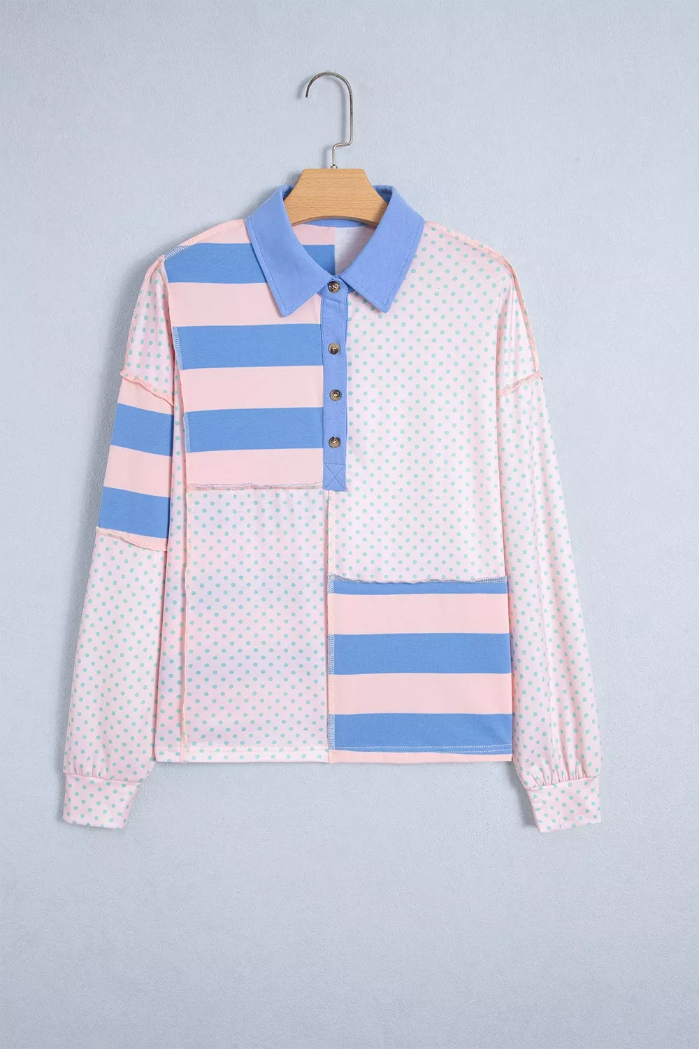 Striped Polka Dot Patchwork Polo Collar Long Sleeve Top, image 3