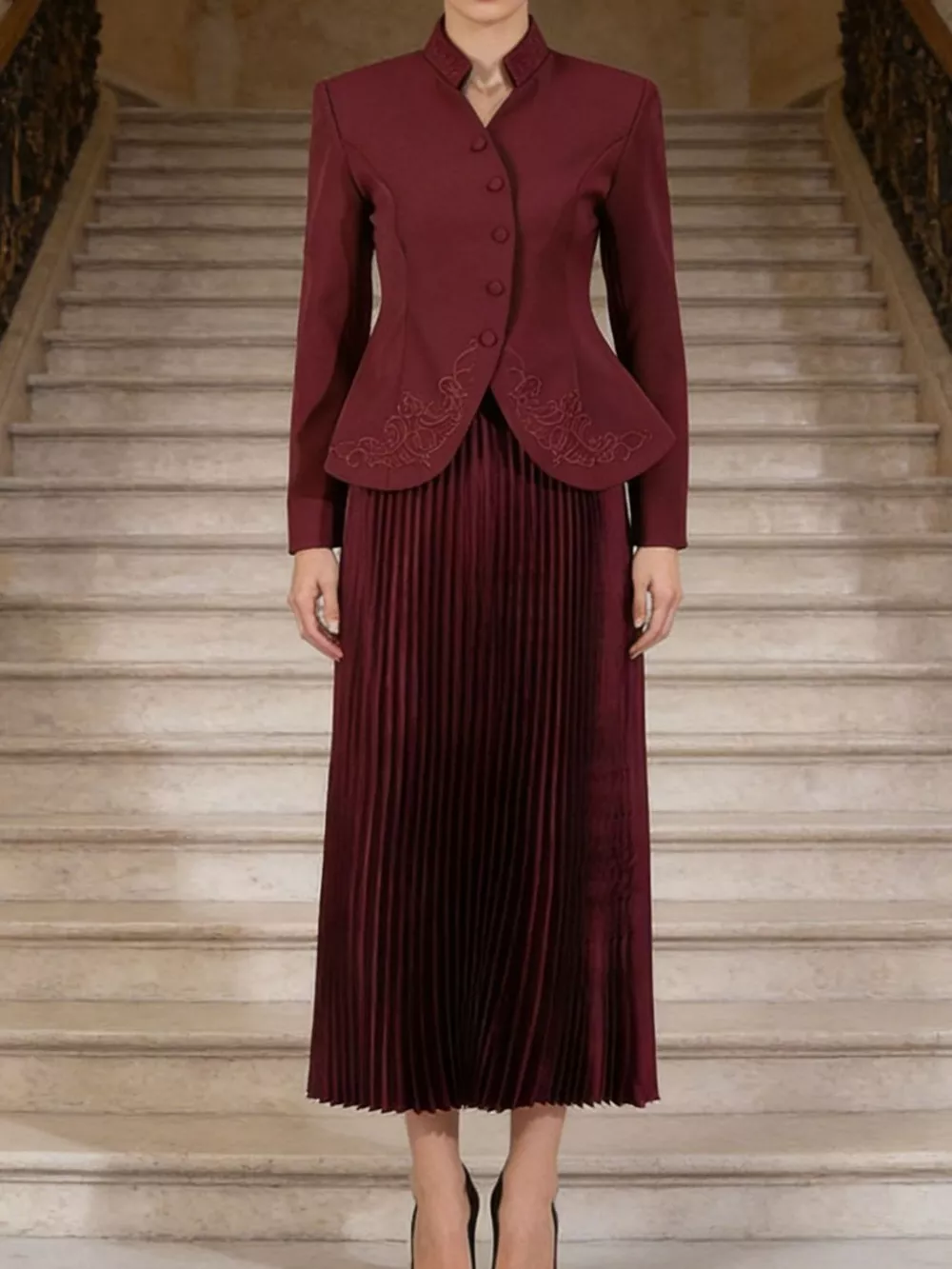 Button Up Long Sleeve Top and Pleated Skirt Set, image 3