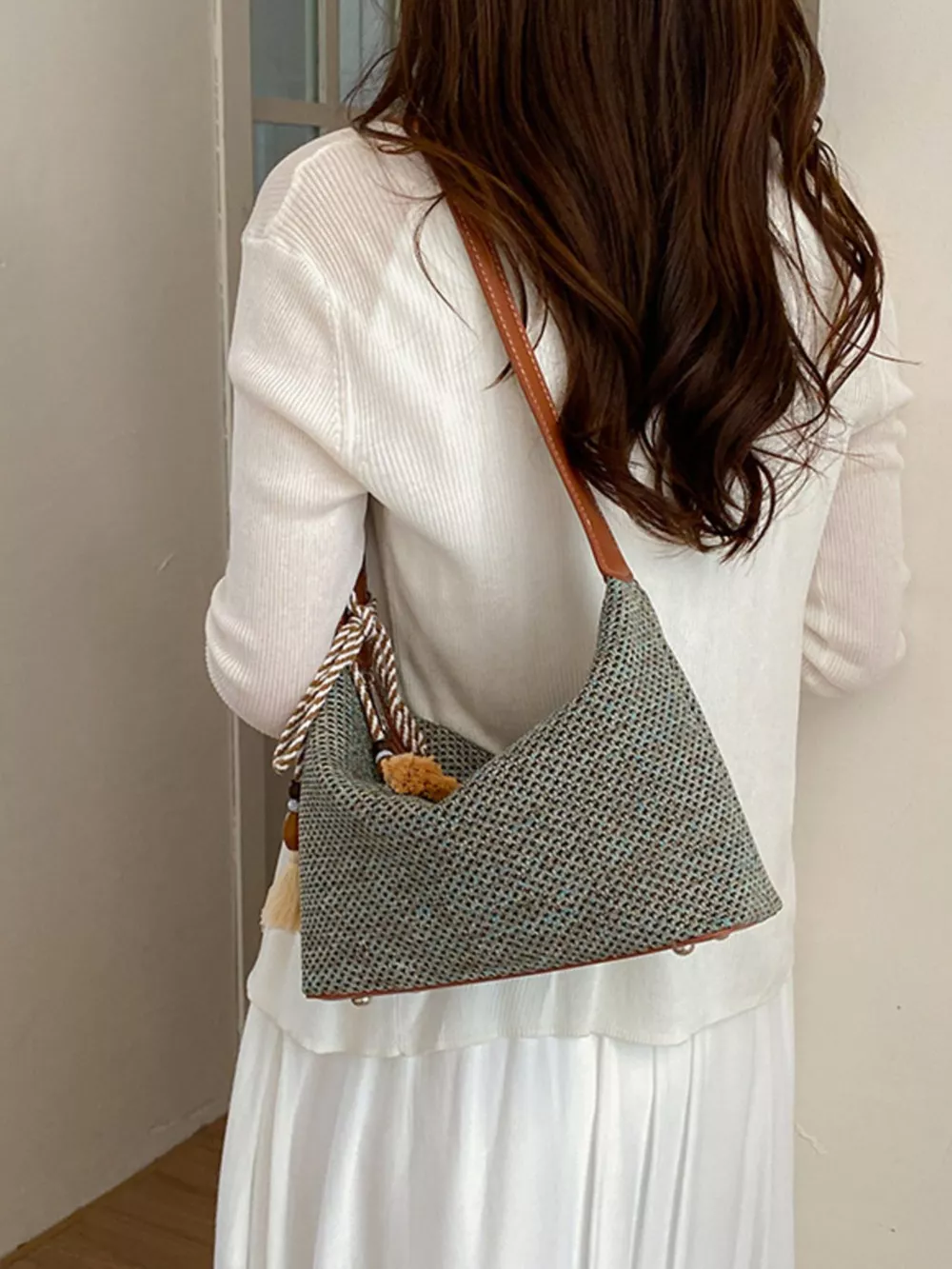Woven Shoulder Bag with Tassel, image 18