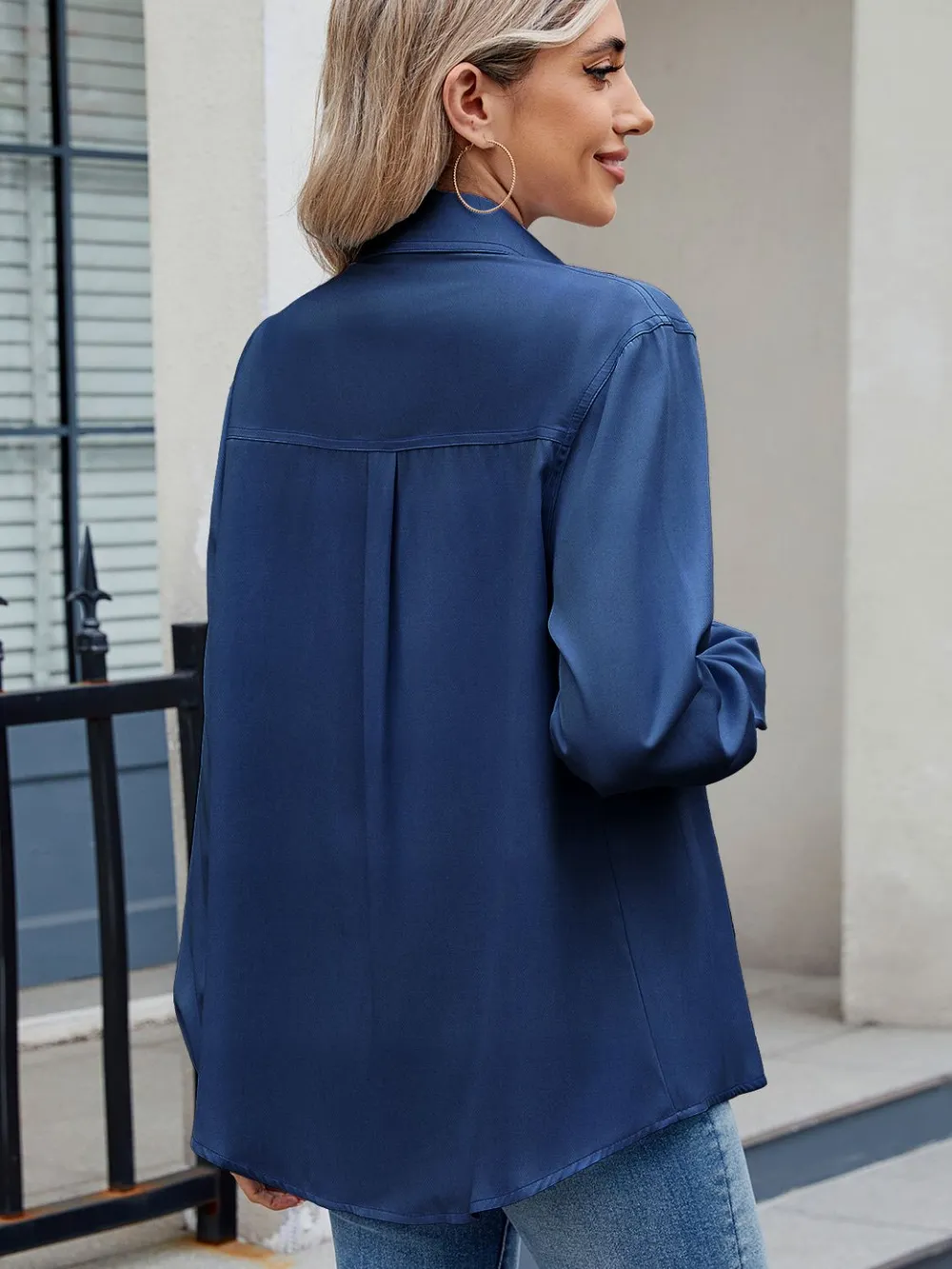 Solid Color Collared Neck Long Sleeve Shirt, image 8