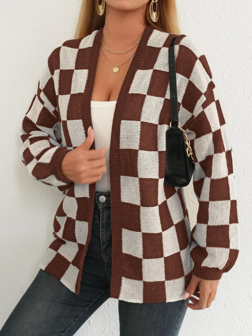 Checkered Open Front Long Sleeve Cardigan, image 3