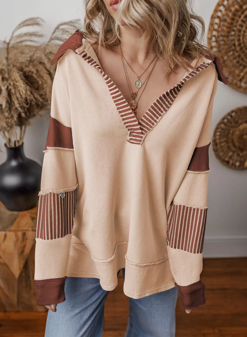 Color Block Striped Johnny Collar Sweatshirt, image 9
