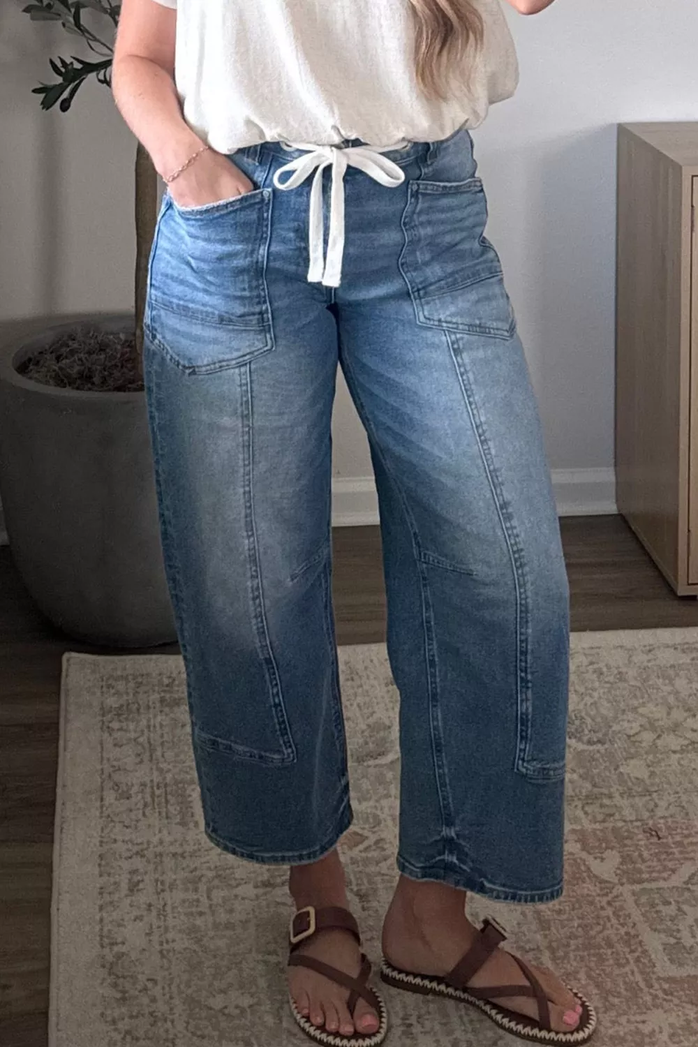 Solid Patchwork Grommet Tie Waist Loose Ankle-Length Jeans, image 2