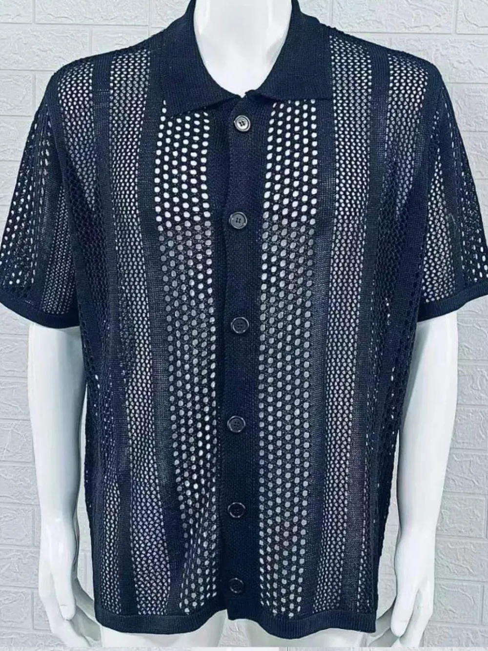 Men's Button Down Collared Neck Hollow Out Shirt, image 3
