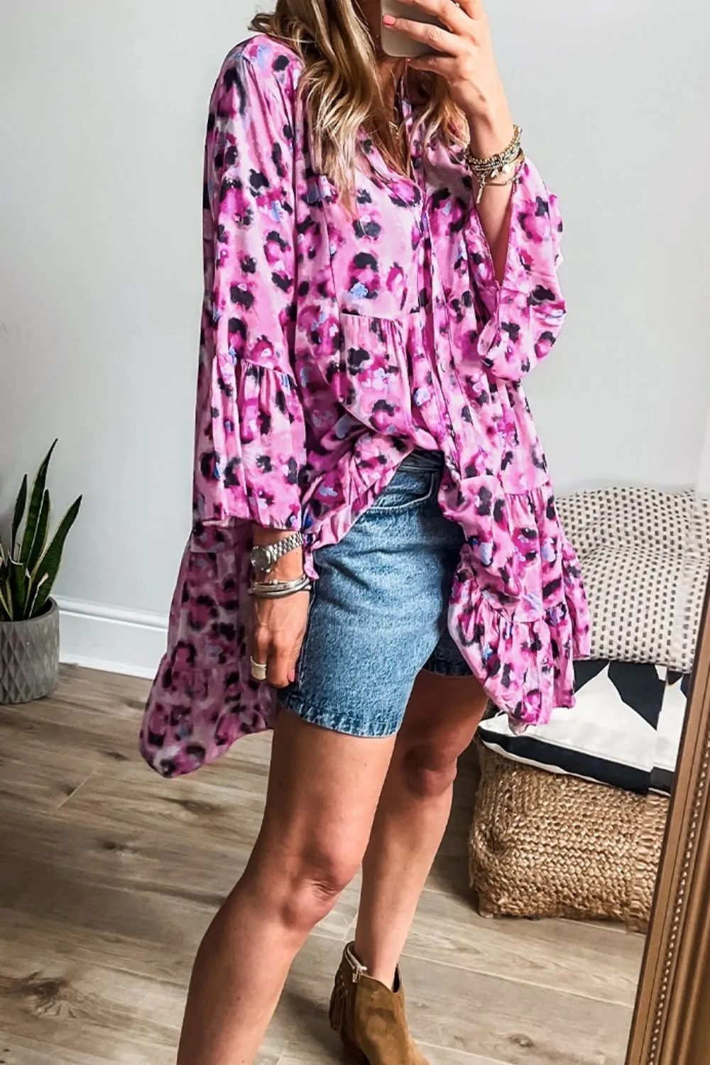 Leopard Print Buttoned Front 3/4 Sleeve Tiered Ruffled Hem Dress, image 11