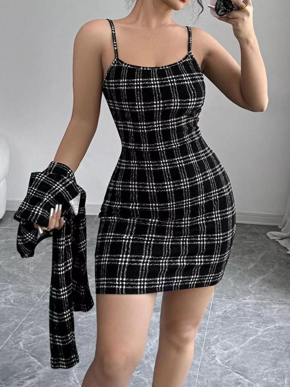 Plaid Tweed Crop Outerwear and Bodycon Mini Dress Two-Piece Set, image 4
