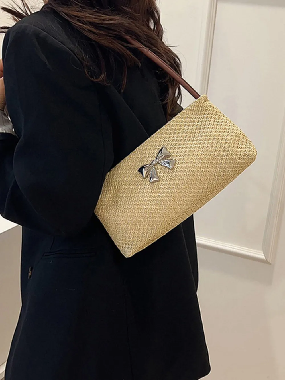 Woven Straw Shoulder Bag with Bow Detail, image 5