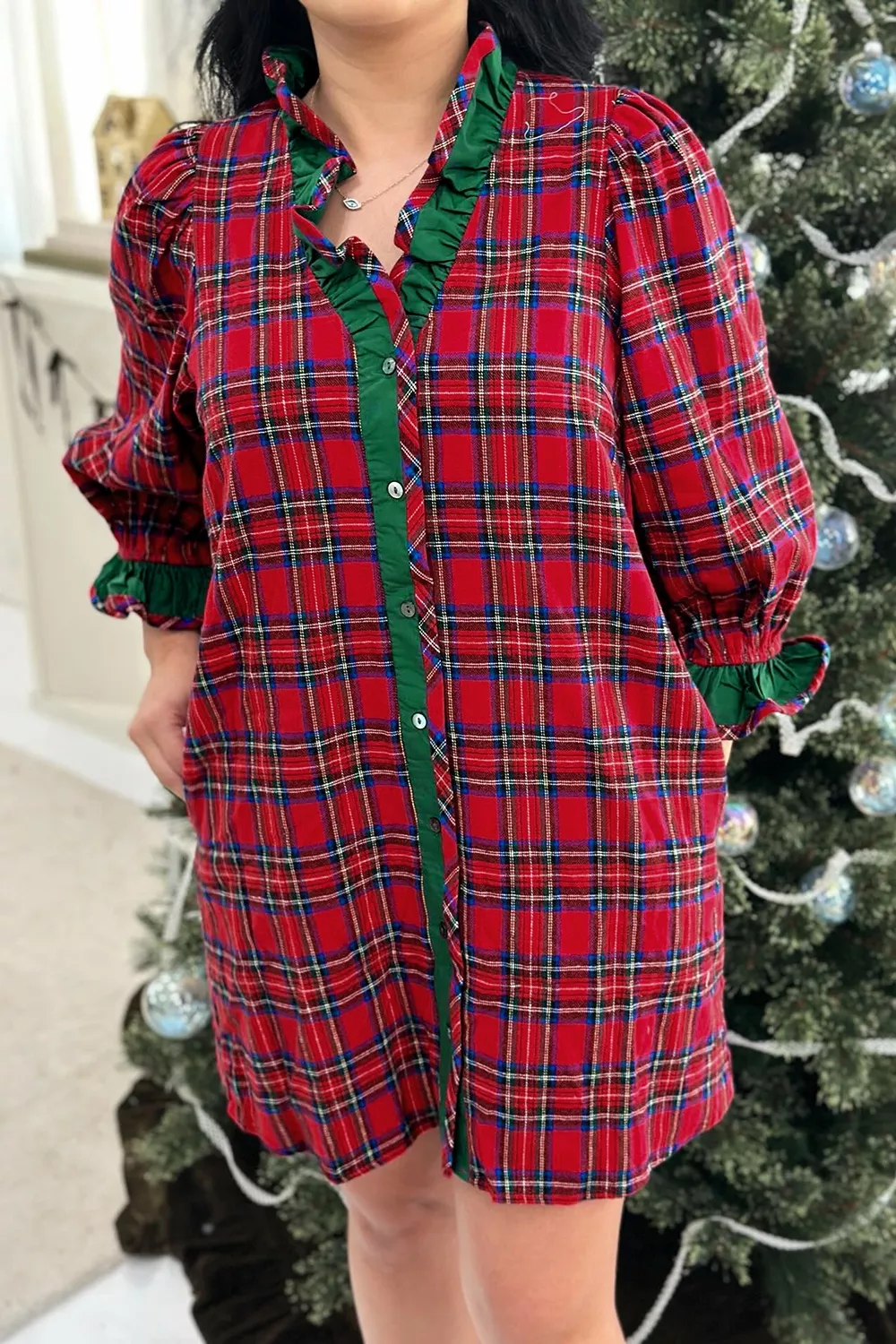 Plaid Ruffle Cuff Button Front Pocket Mini Dress, image 5