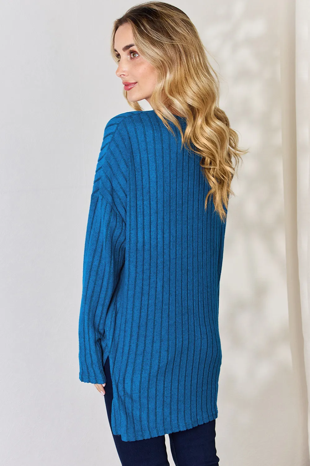 Full Size Ribbed Half Button Long Sleeve High-Low T-Shirt, image 15