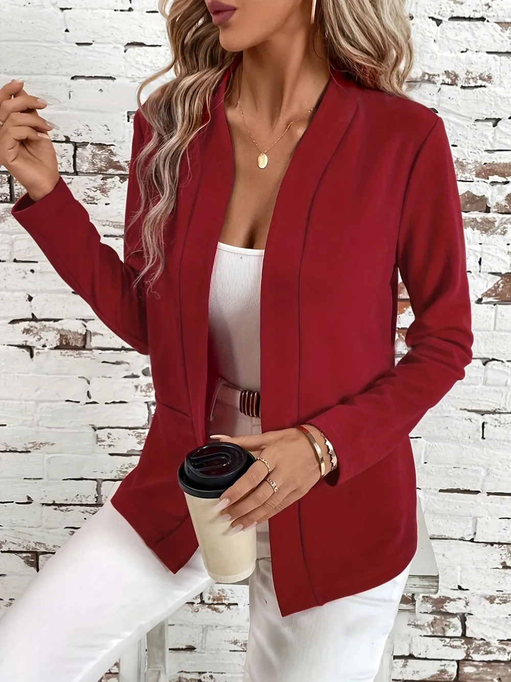 Solid Color Open Front Long Sleeve Cardigan, image 2