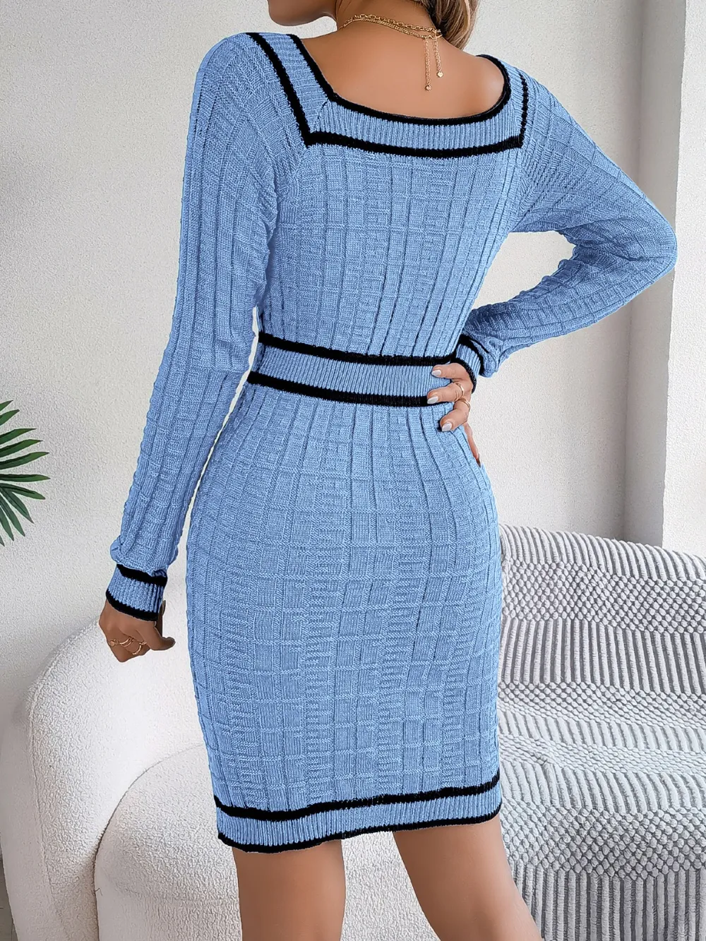 Contrast Trim Long Sleeve Sweater Dress, image 15