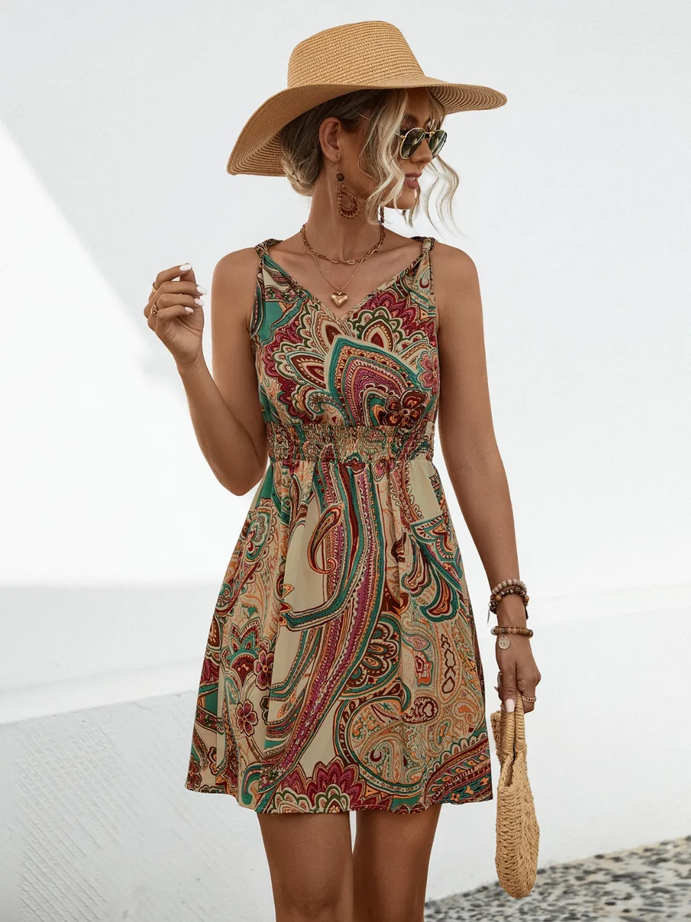 Smocked Printed V-Neck Mini Dress, image 5