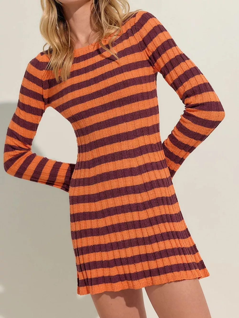 Striped Ribbed Knit Long Sleeve Sweater Dress, image 6